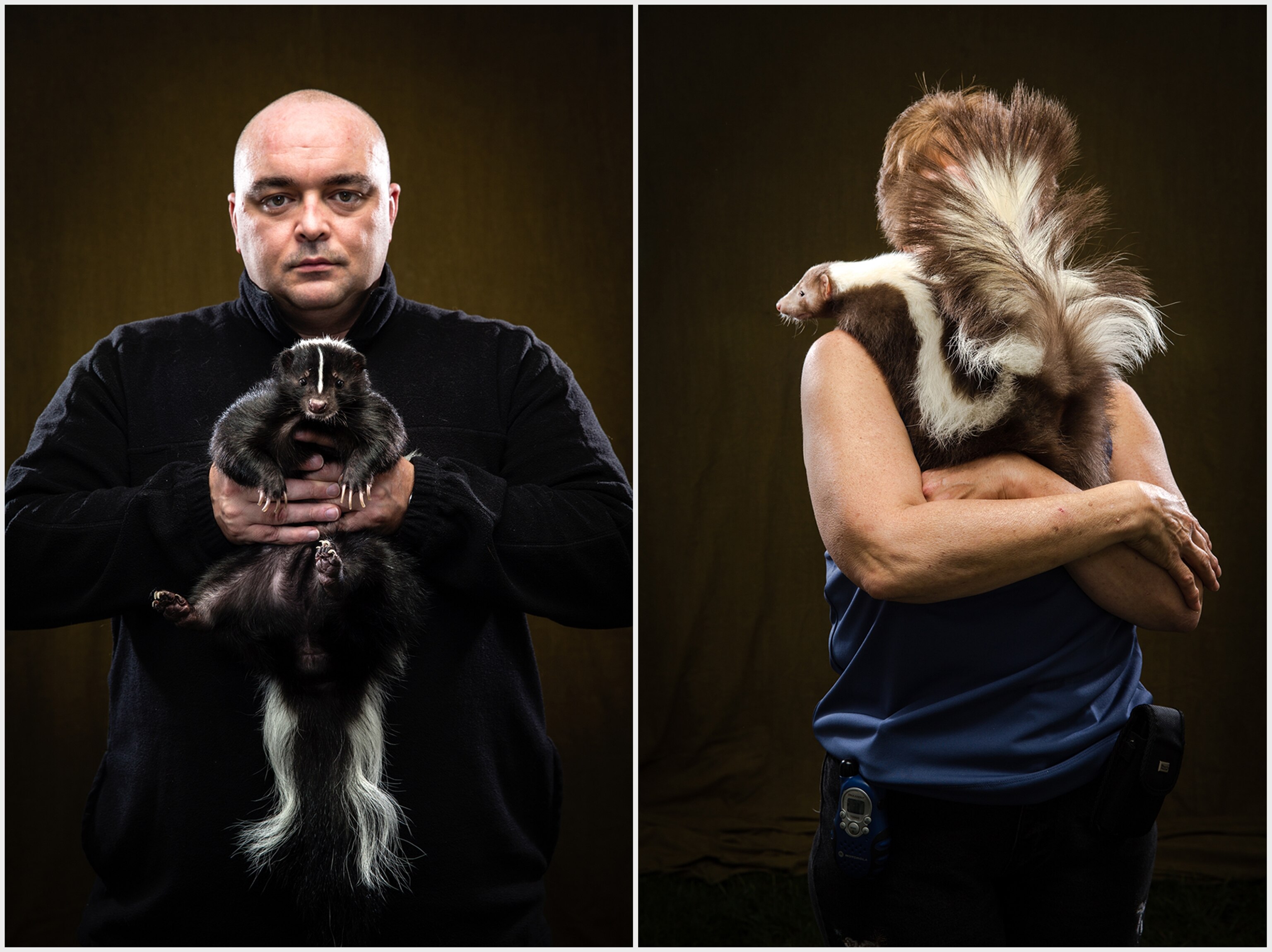 Left: Shawn Geary and Allo. Shawn is an IT professional. His grandmother had skunks that he played with as a child. His wife Carole always wanted one. Right: Skunk Fest founder Deborah Cipriani with 3 year-old Ozzie.