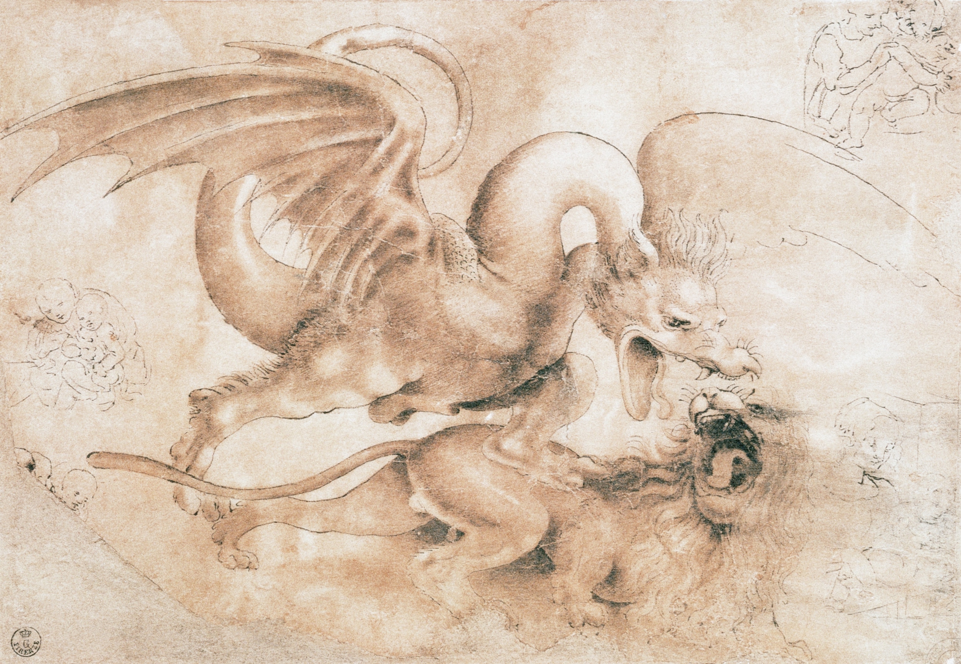 A sketch of a dragon fighting a lion