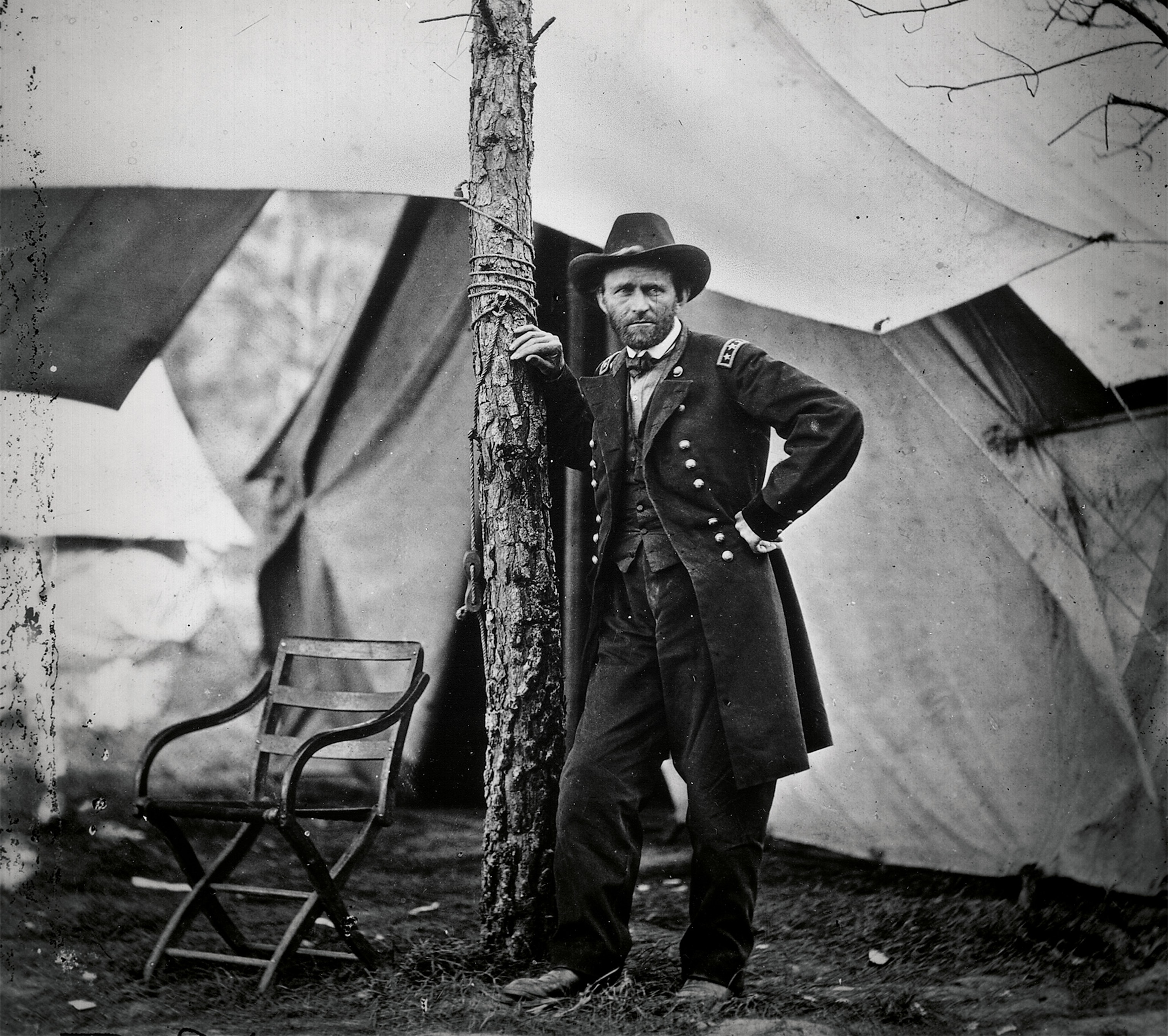 In 1864 General Grant had risen to command of all the Union armies when this photograph was taken at Cold Harbor, Virginia.