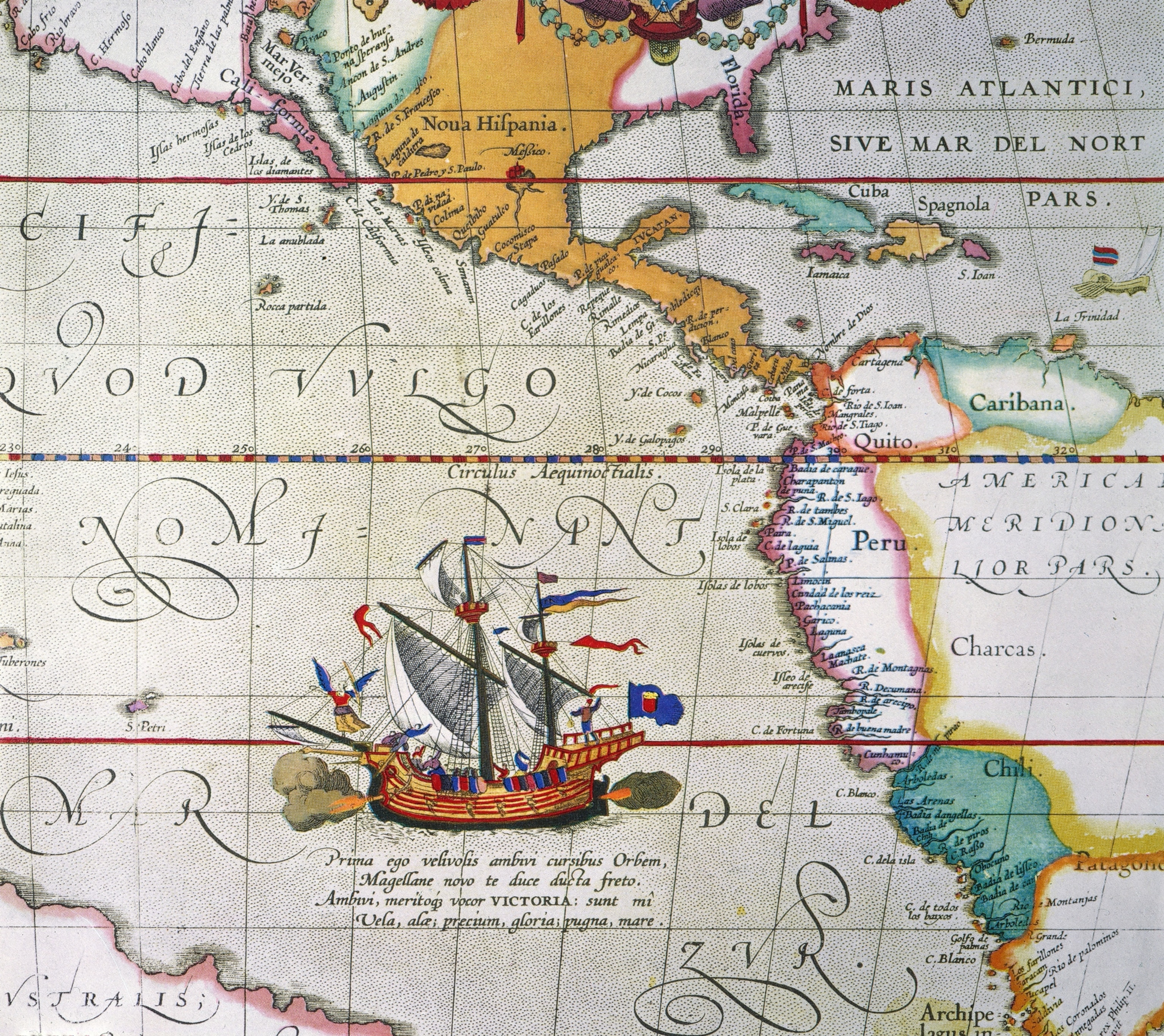 a decorative ship on within a colorful map
