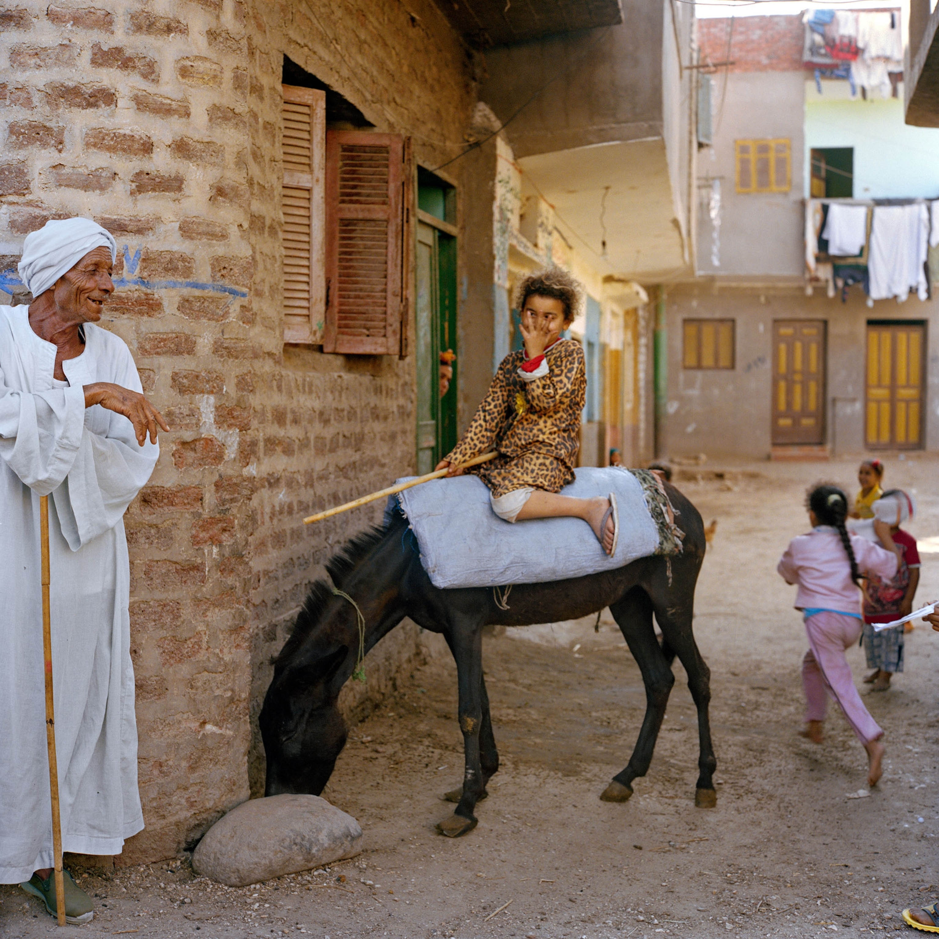 old man in white and child on black mule near brick wall in town of Minya, Egypt
