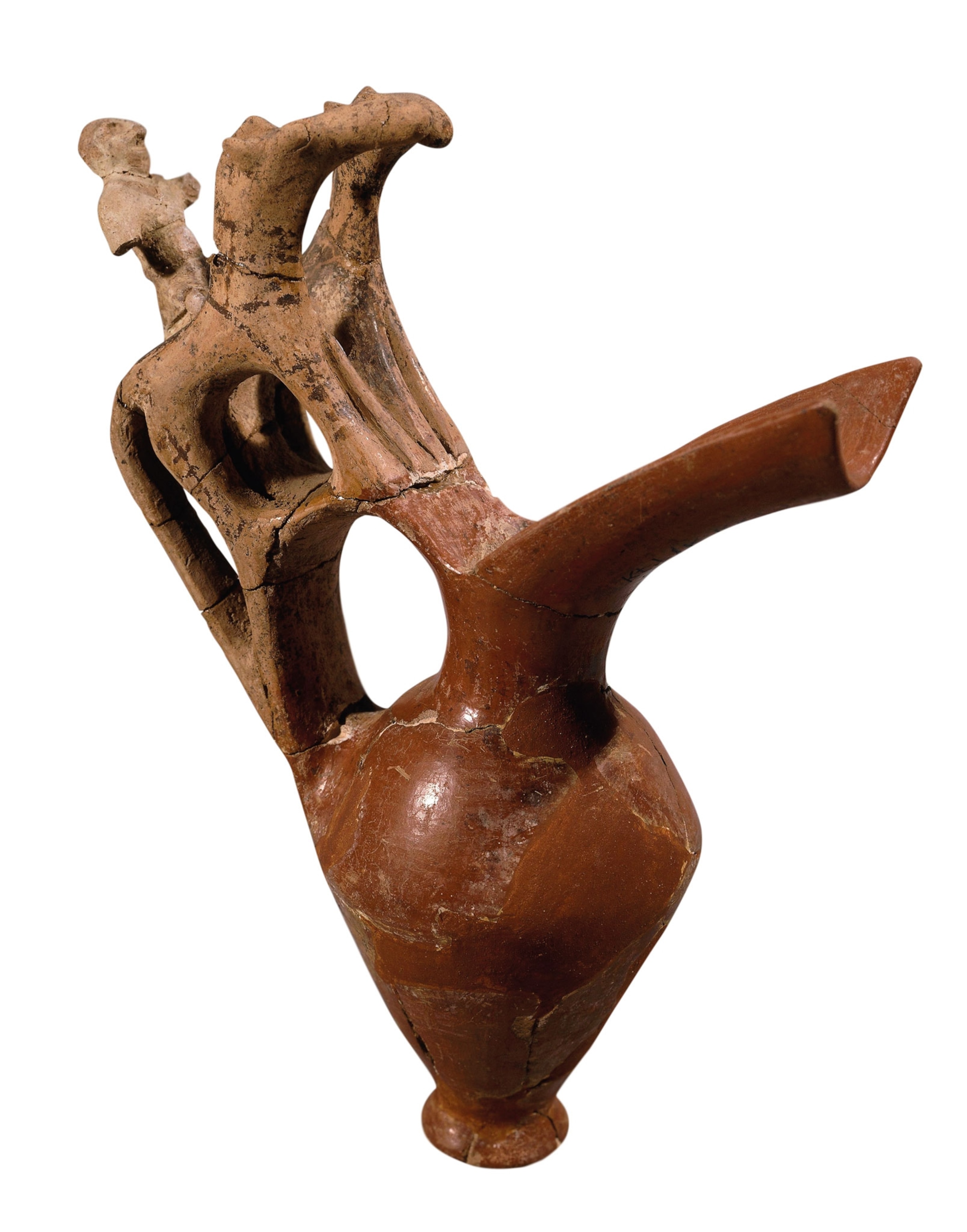 a water pitcher with two horse and one human figure on top