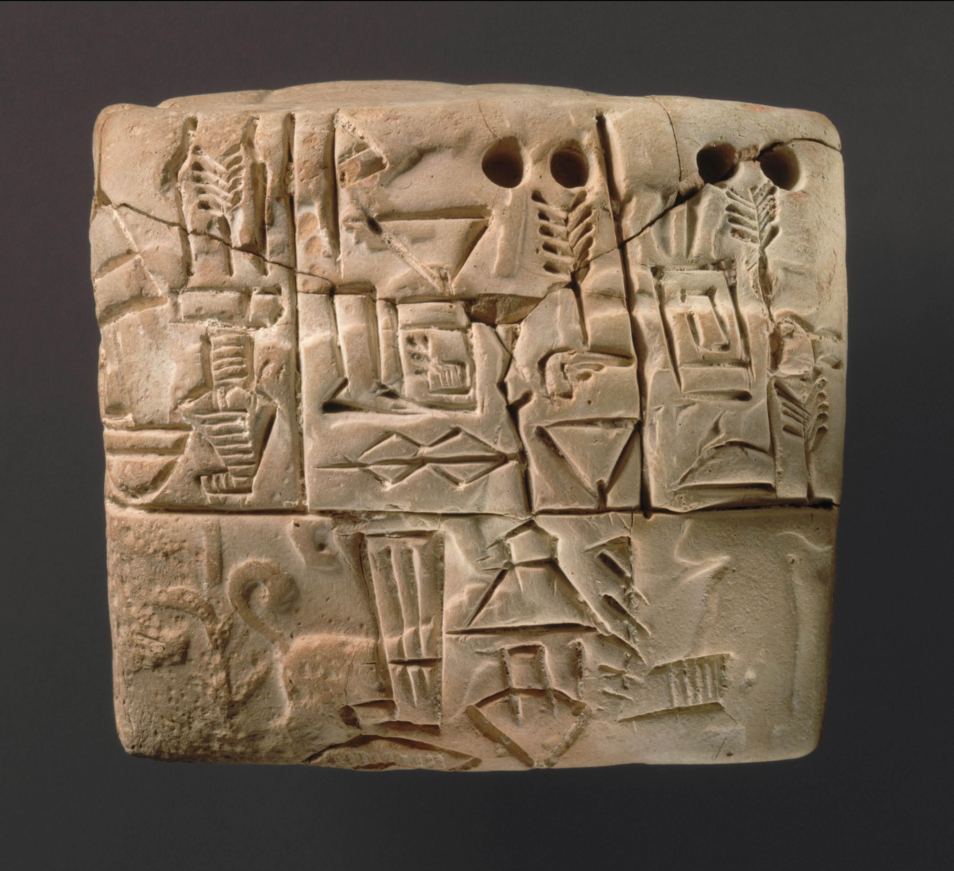Ancient stone tablet featuring a male figure, hunting dogs, and boars from Mesopotamia