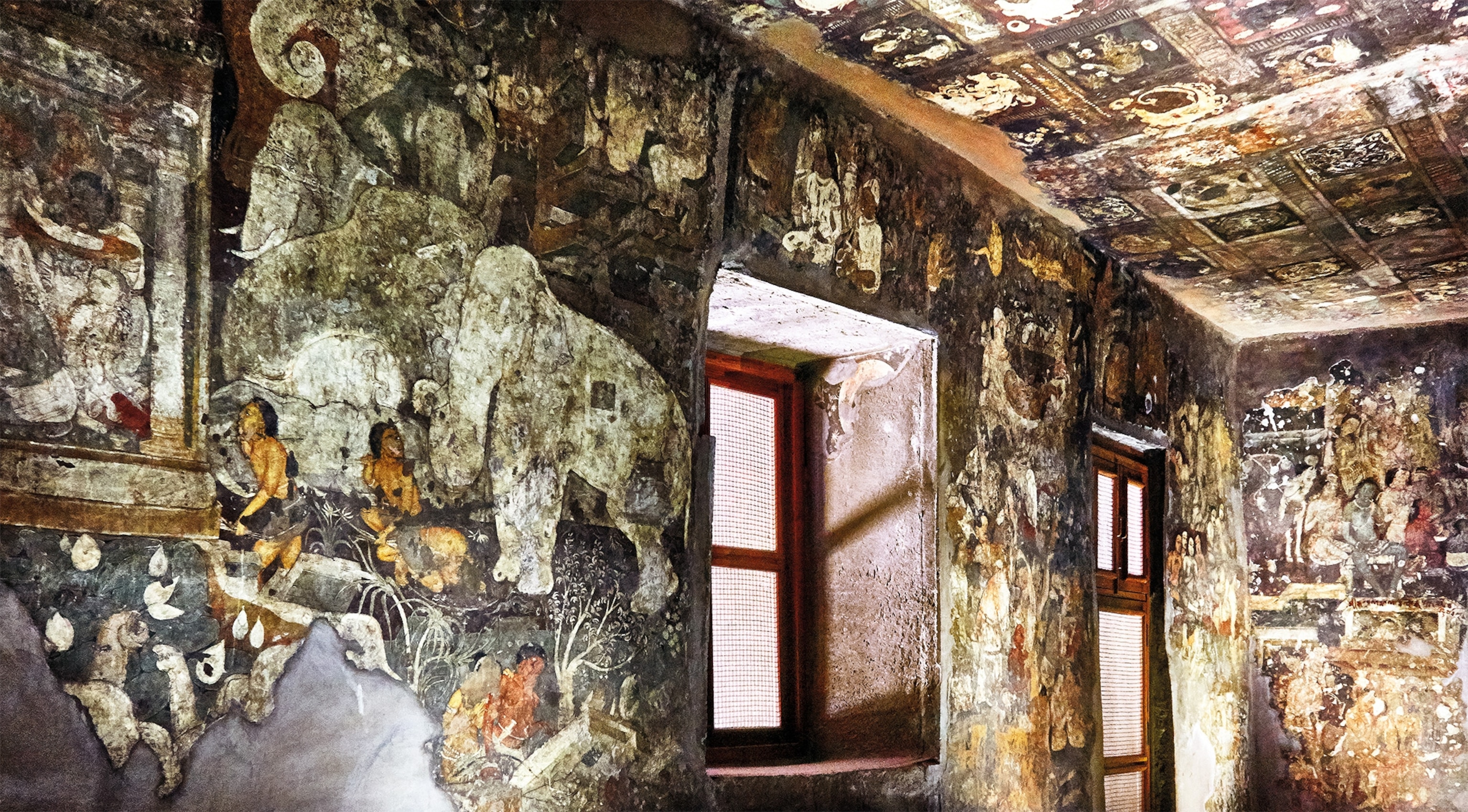 Throughout the Ajanta Caves are paintings of the Jataka tales, stories of the Buddha’s early incarnations in human or animal form. In Cave 17, elephants play a prominent role.