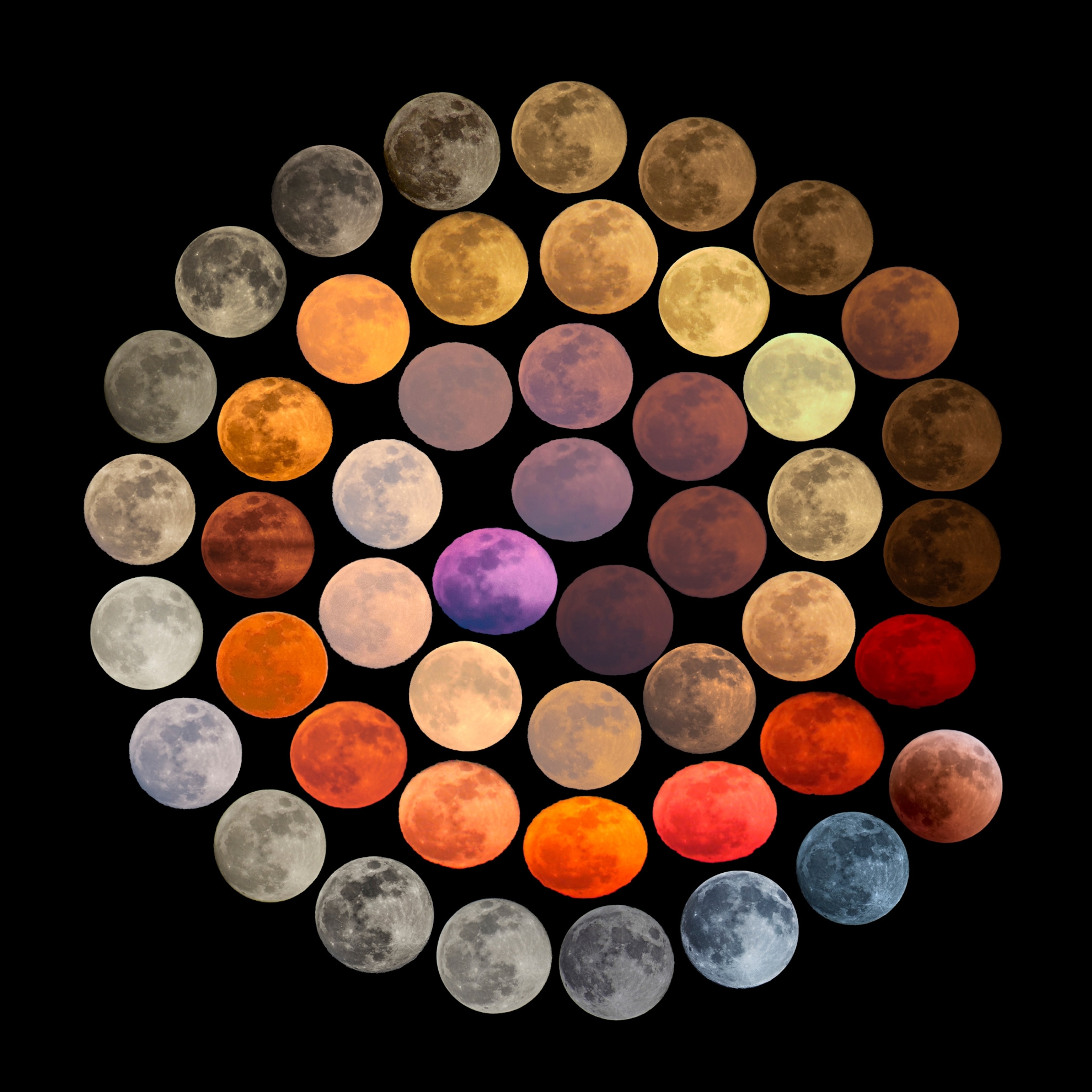Picture of spiral made from different colored moons.
