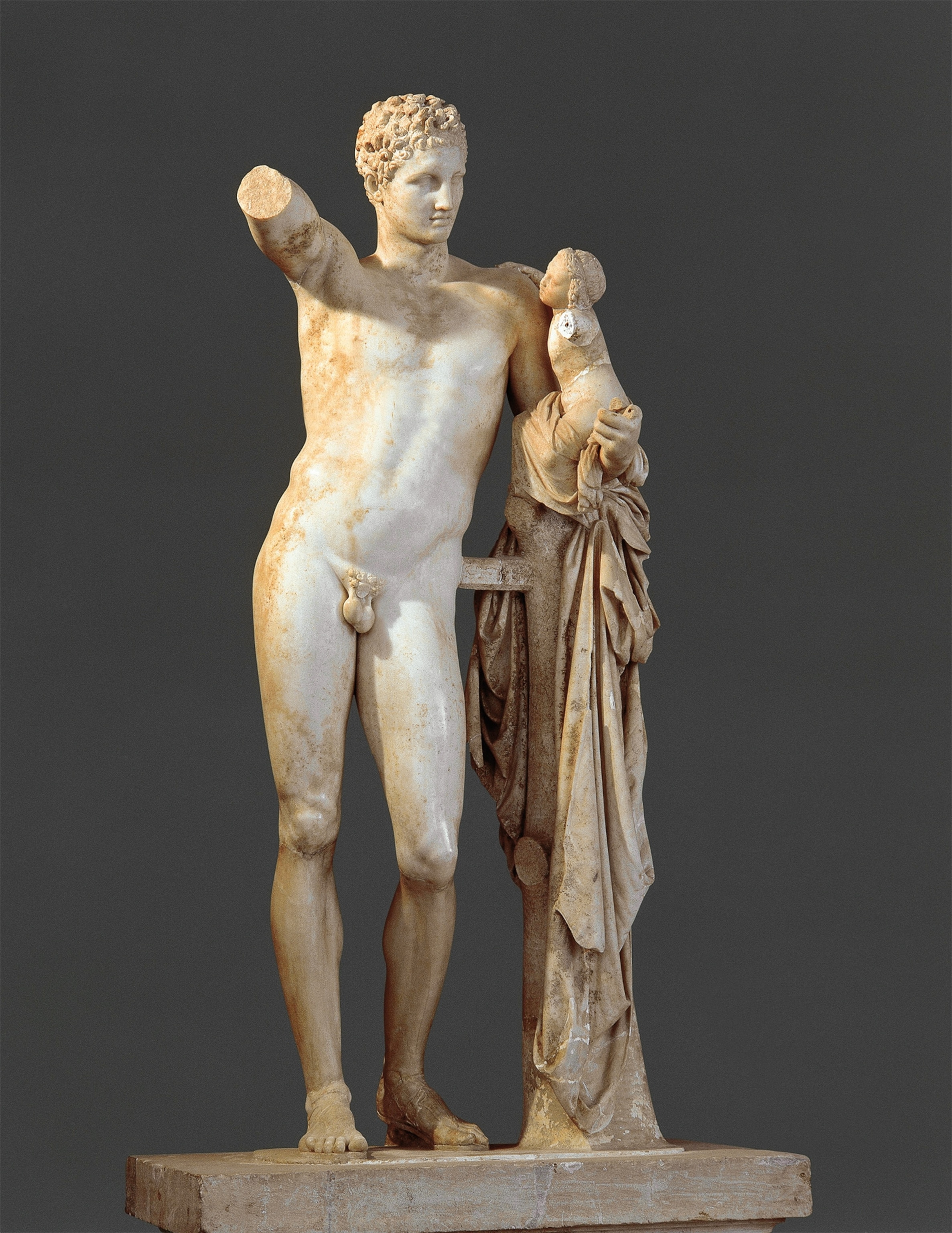The infant Dionysis is portrayed in a fourth-century B.C. statue by Praxiteles from the Temple of Hera at Olympia.