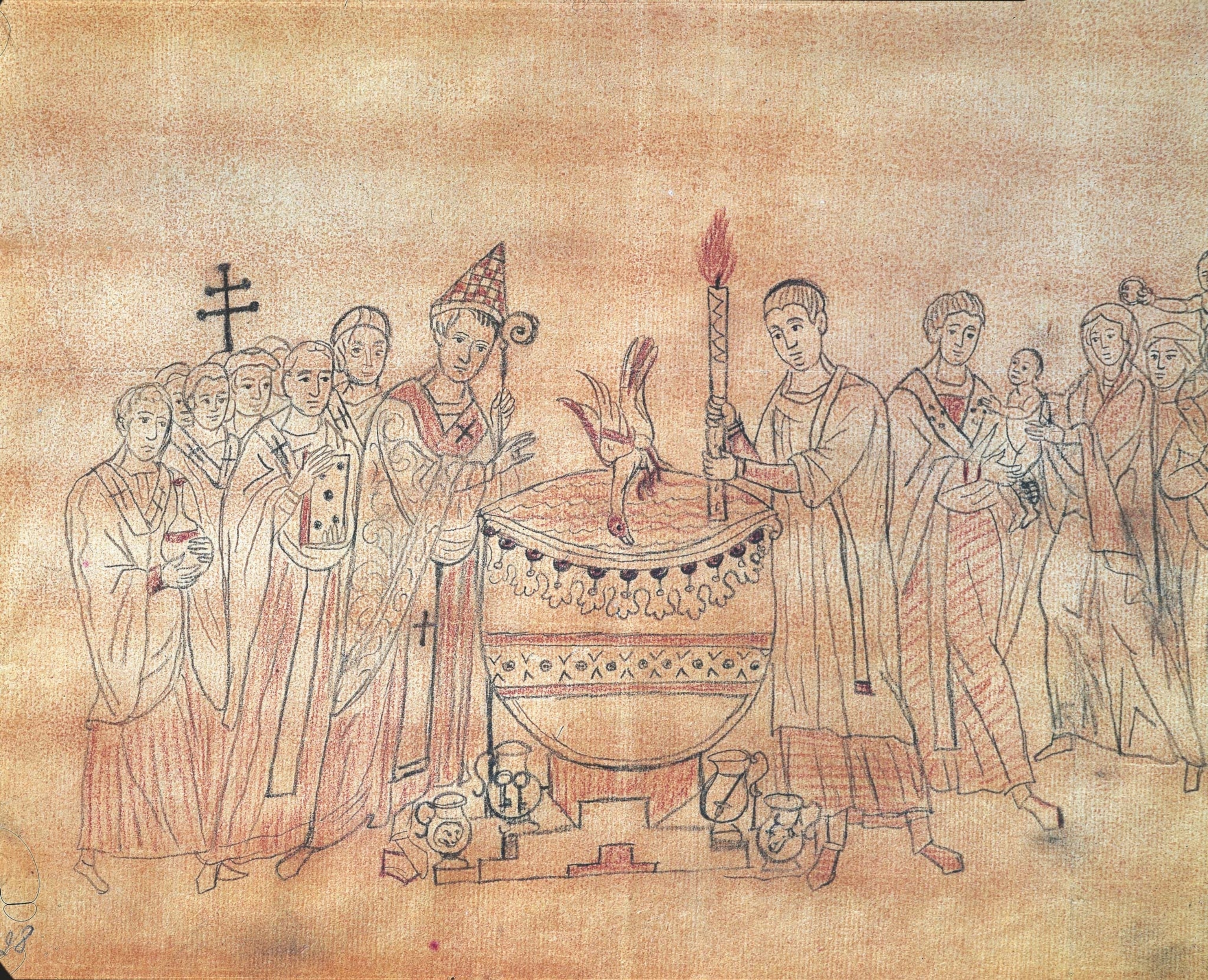 Illustration of religious figures praying over vessel with water