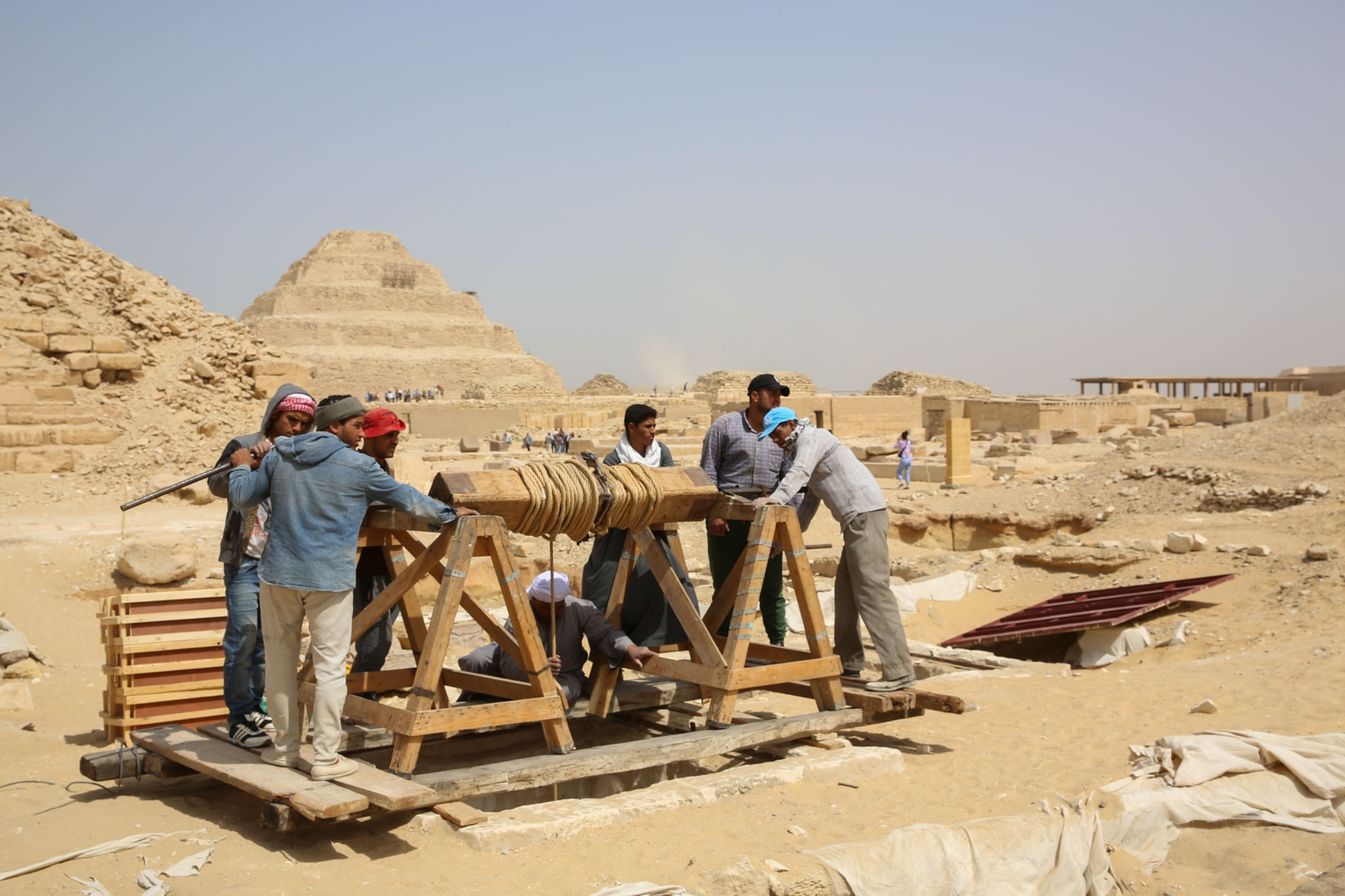 a crew working on examining burial chambers in Egypt