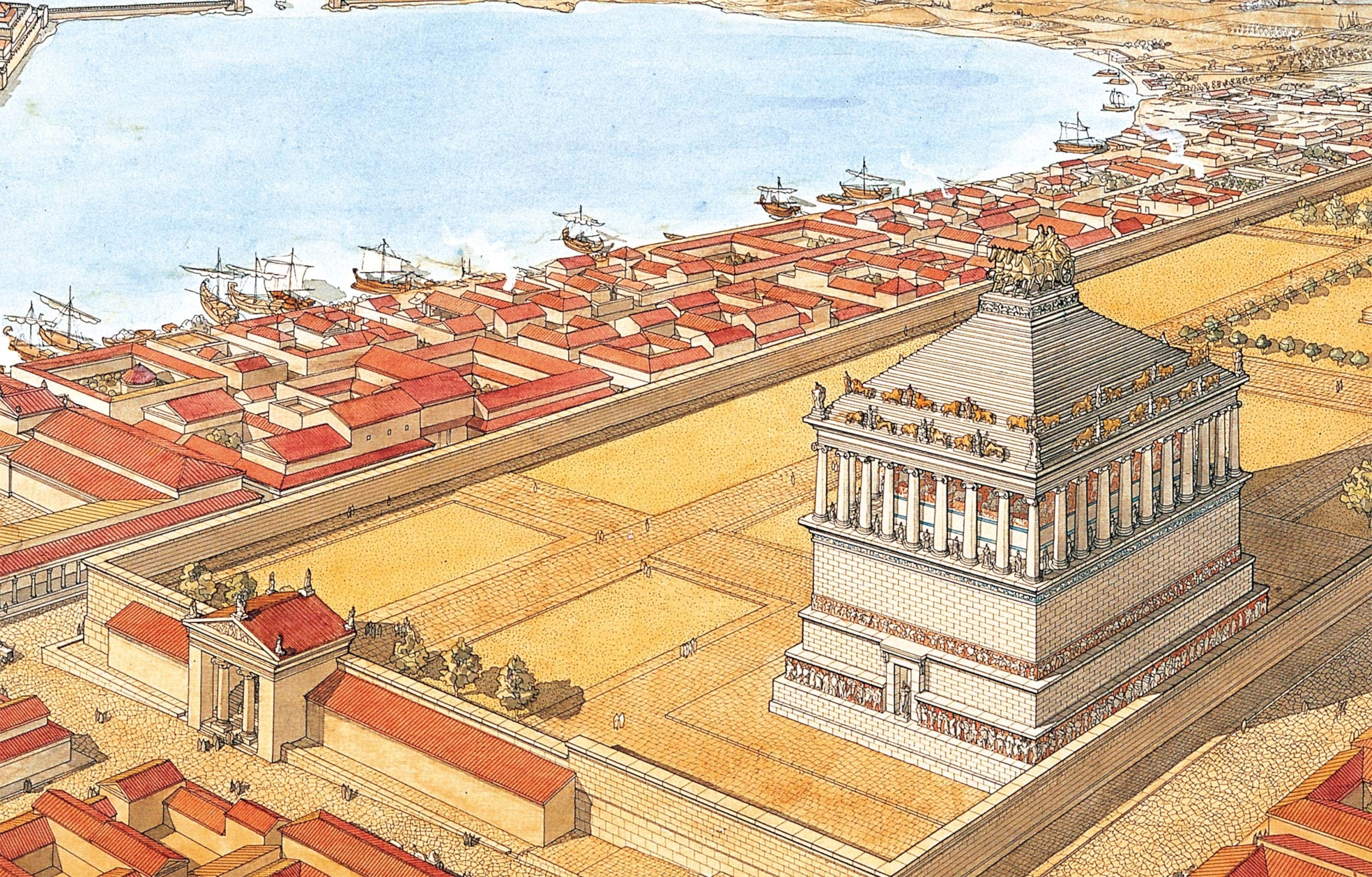 An illustrated re-creation of the Mausoleum at Halicarnassus
