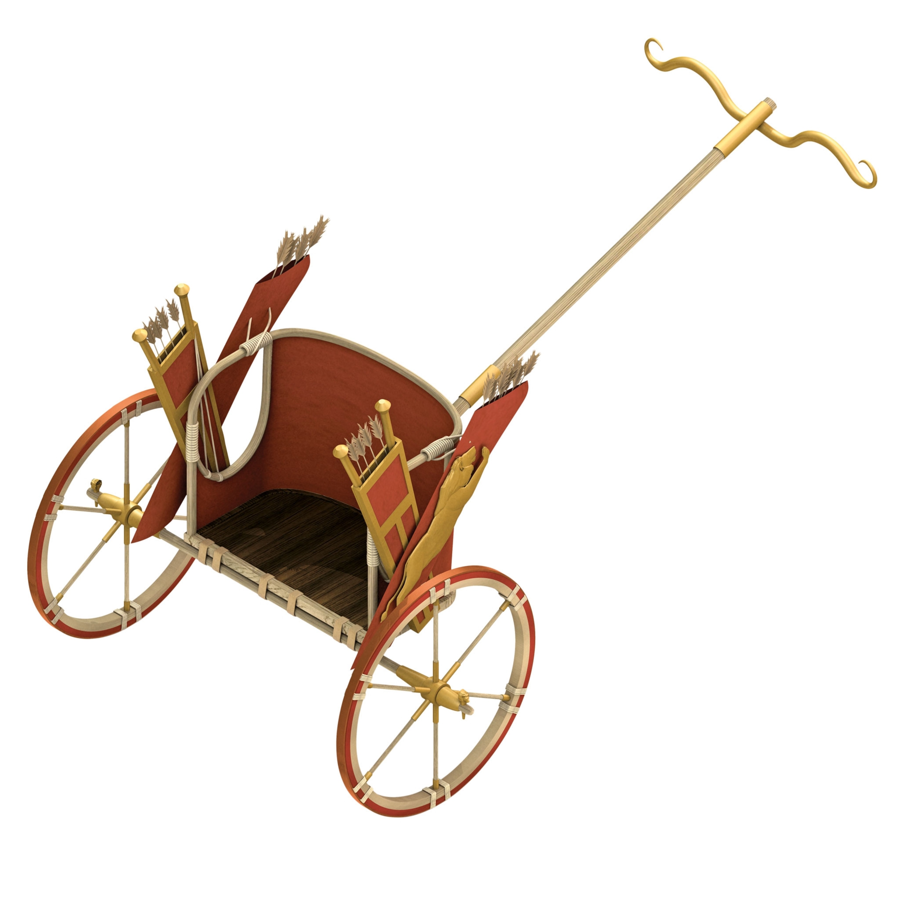 a red and small Egyptian chariot