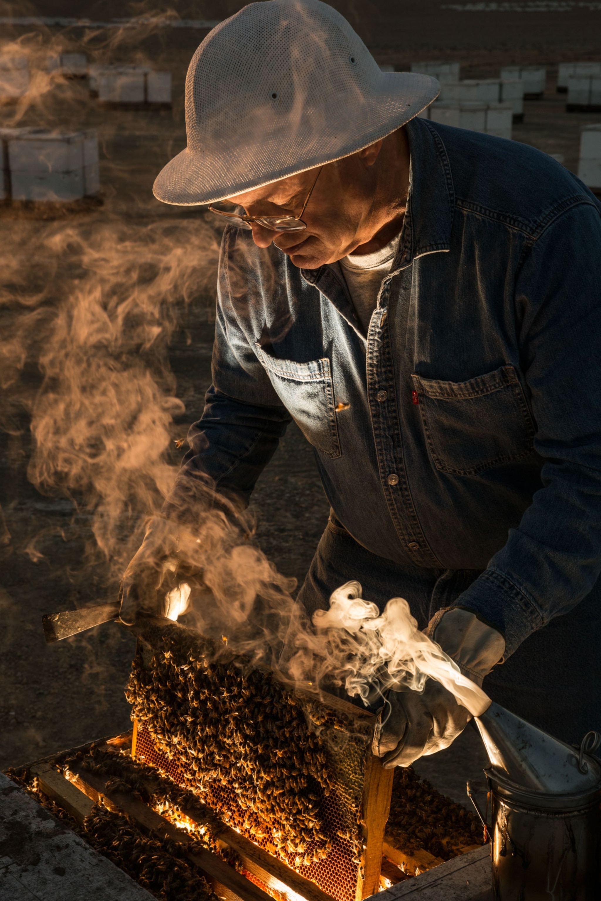 beekeeper tending a hive
