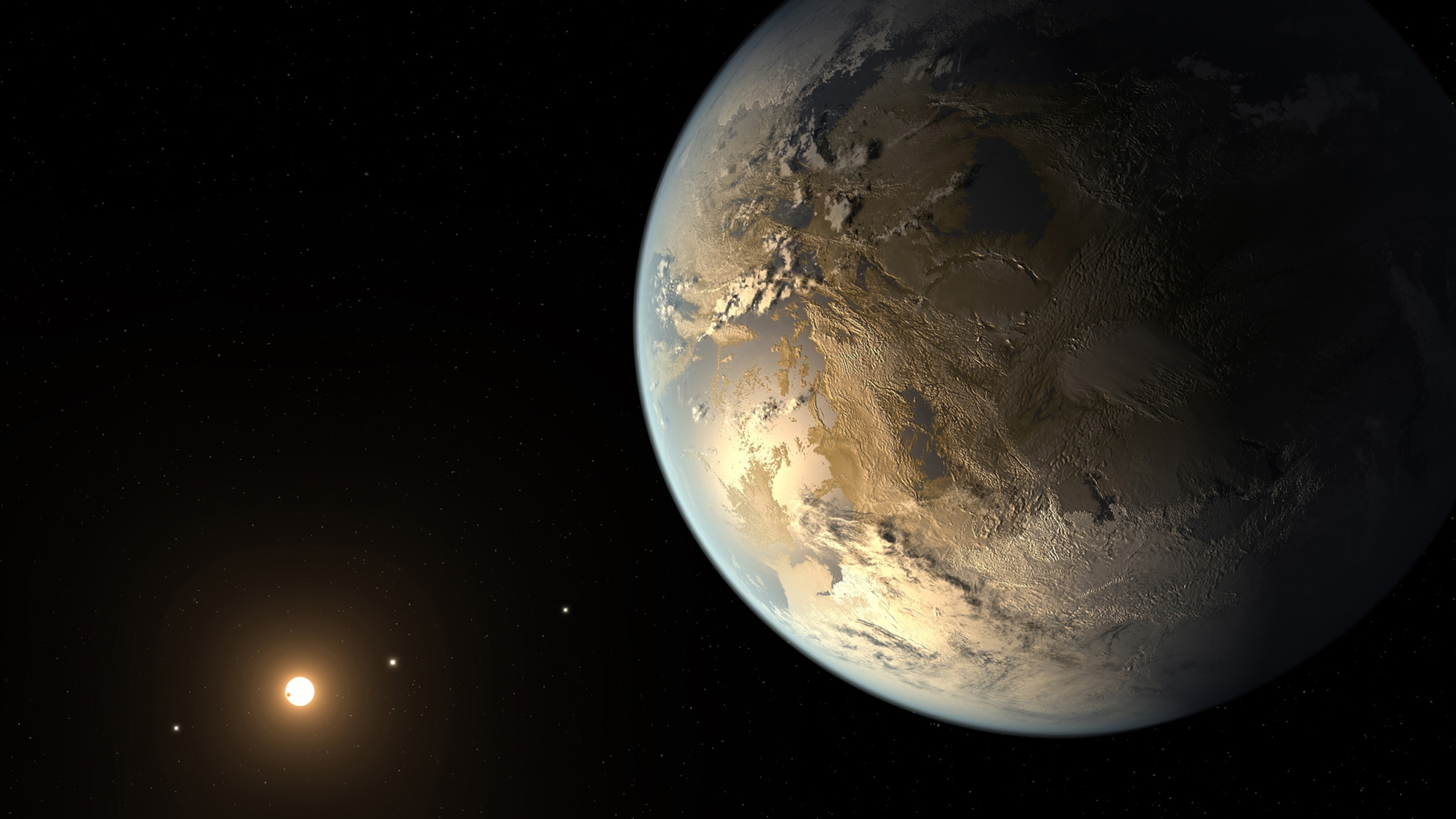 This artist's rendering provided by NASA on Thursday, April 17, 2014 shows an Earth-sized planet dubbed Kepler-186f orbiting a star 500 light-years from Earth.