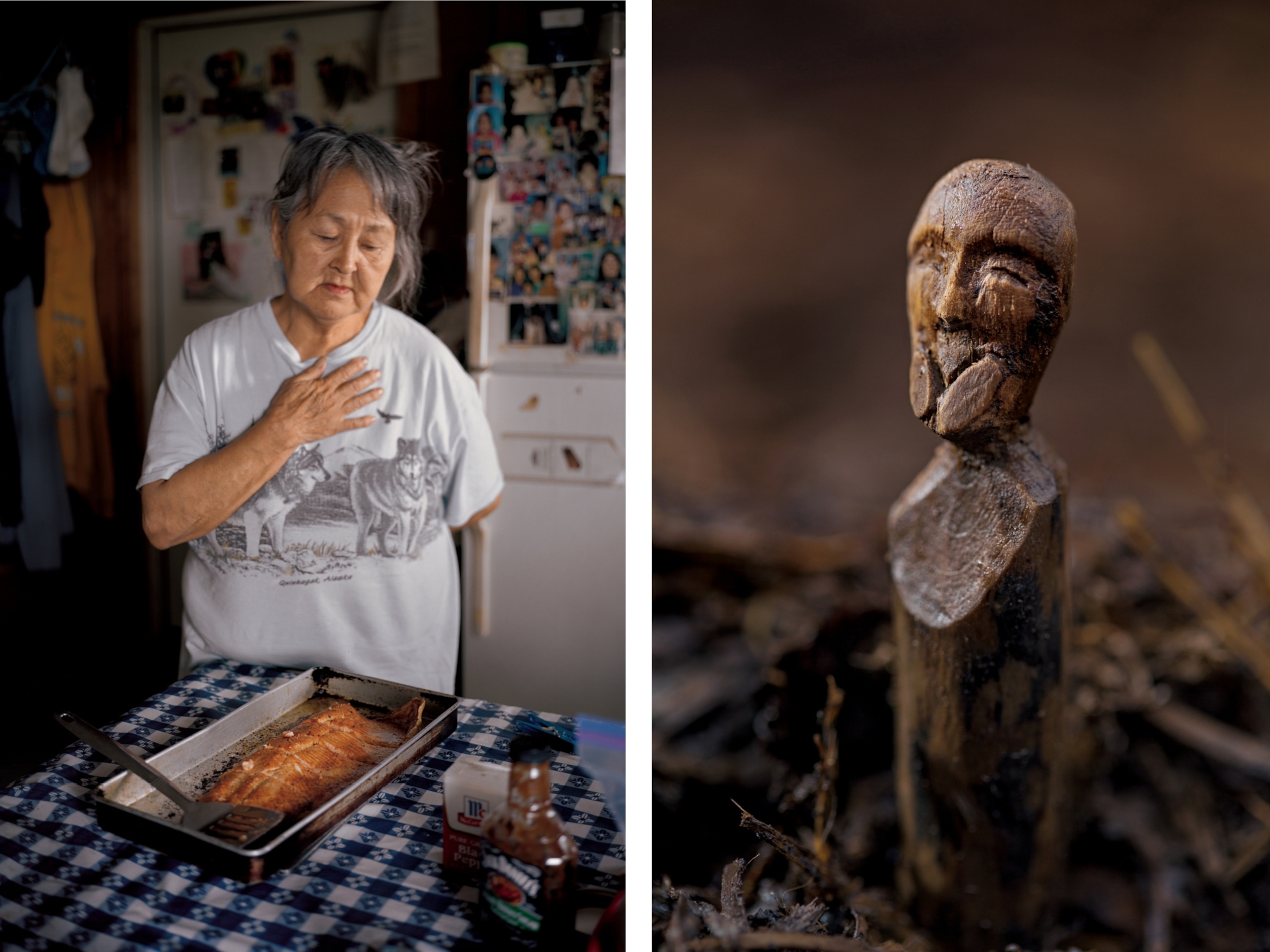 a woman in kitchen and wooden figure