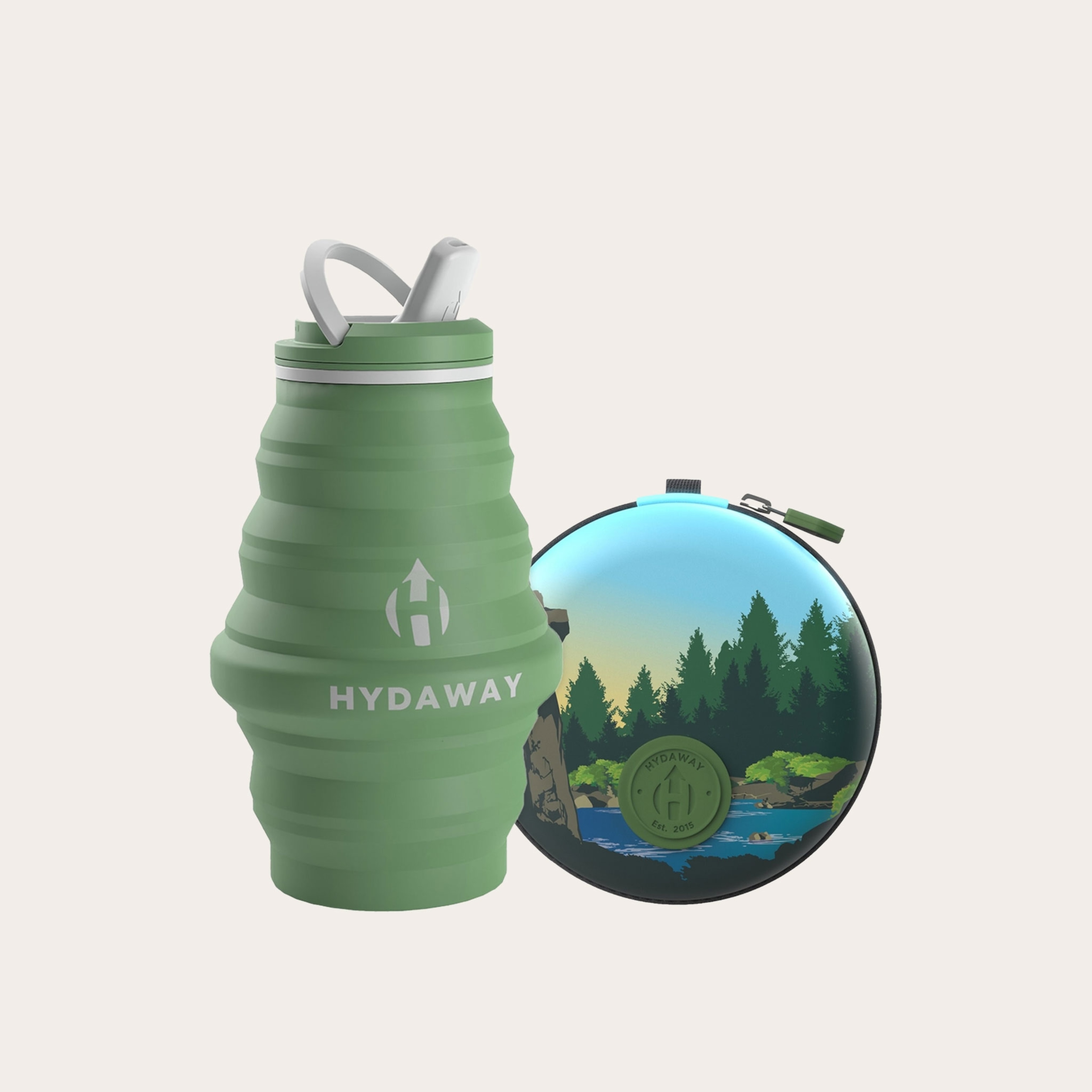 Green plastic foldable water bottle and carrier.