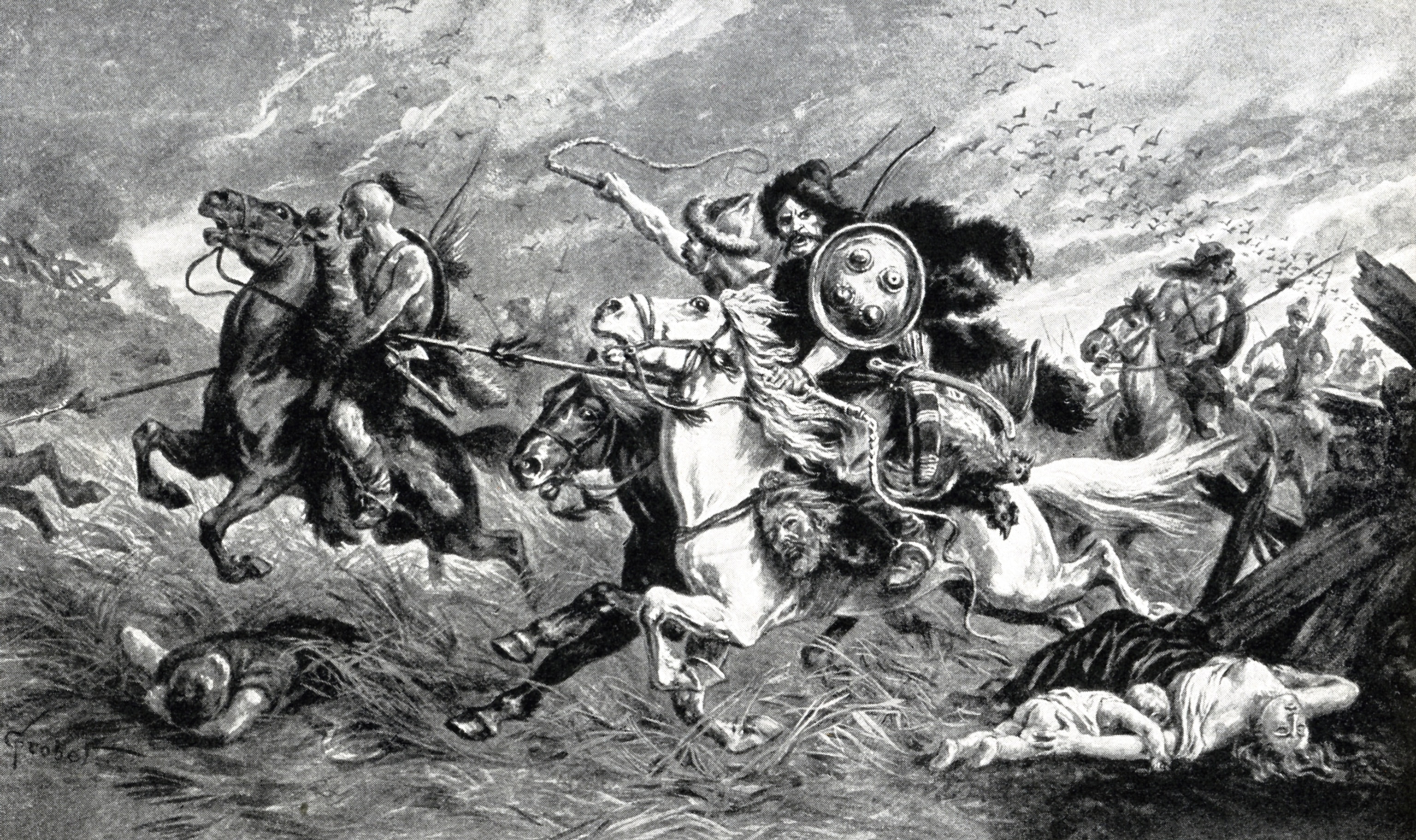 An illustration of warriors riding horseback as they carry spears and bows and arrows.