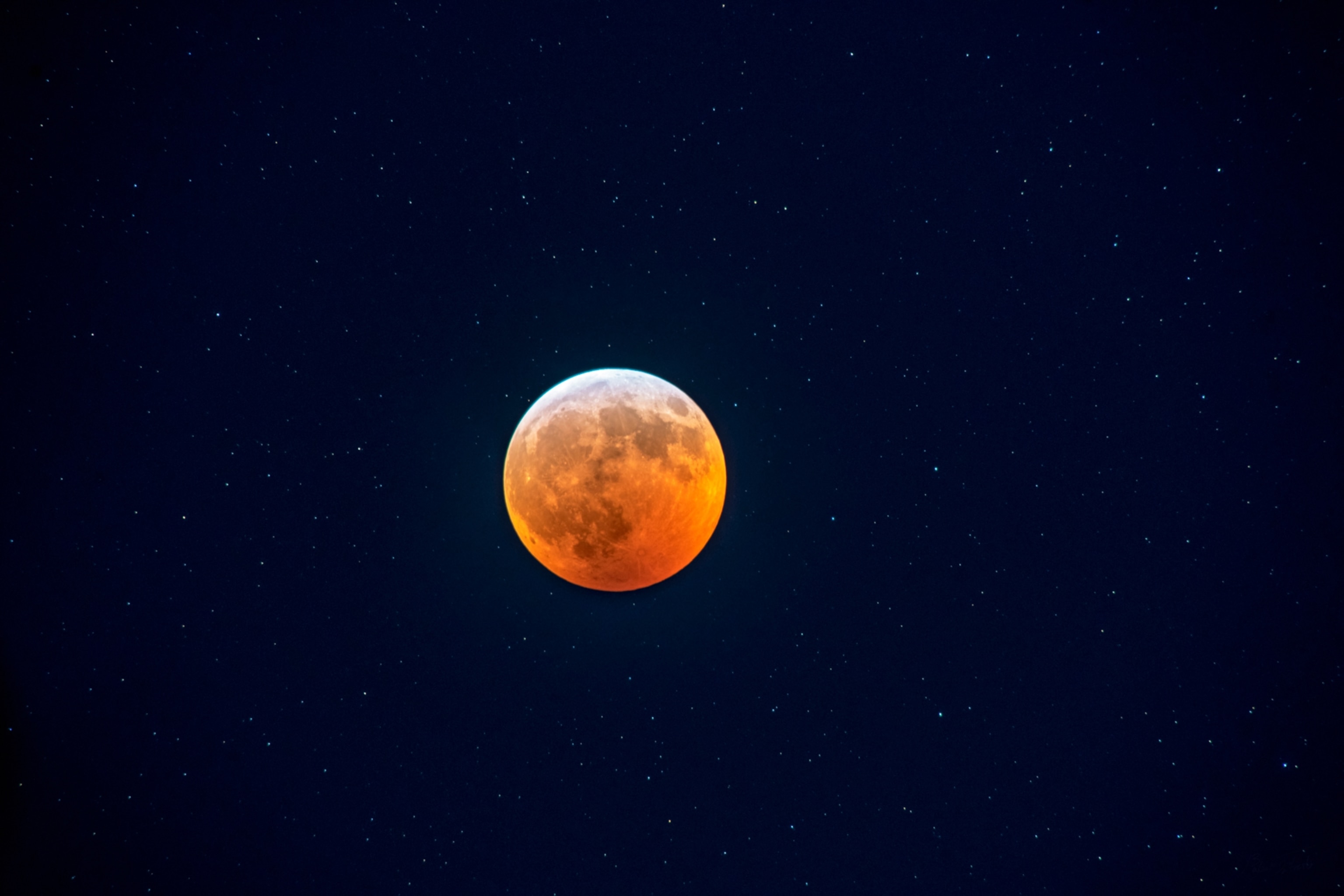 A blood red moon sits among dozens of stars in a deep blue sky.