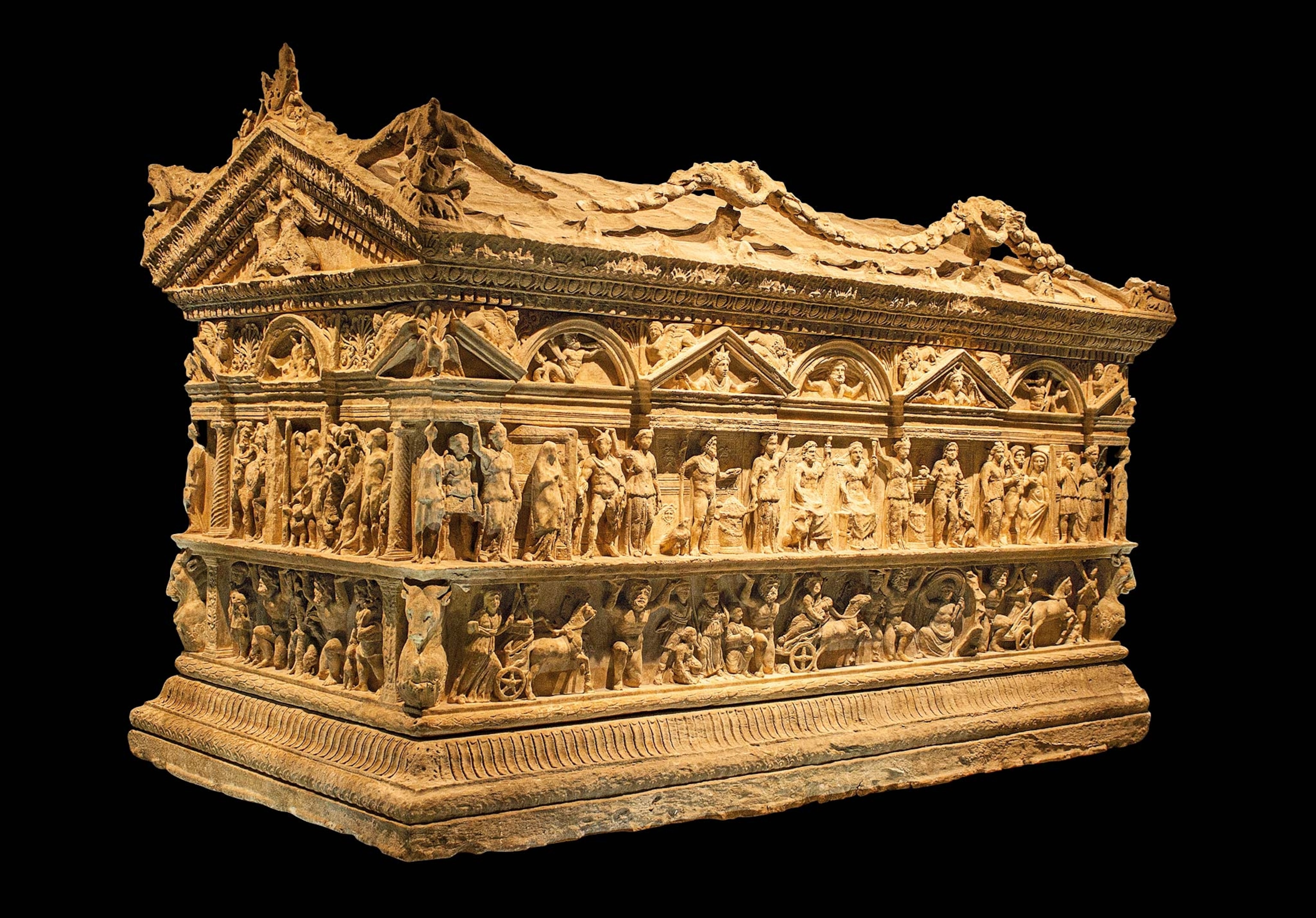 The sarcophagus of Hercules shows ornate details of his stories, shown here from a kitty corner angle