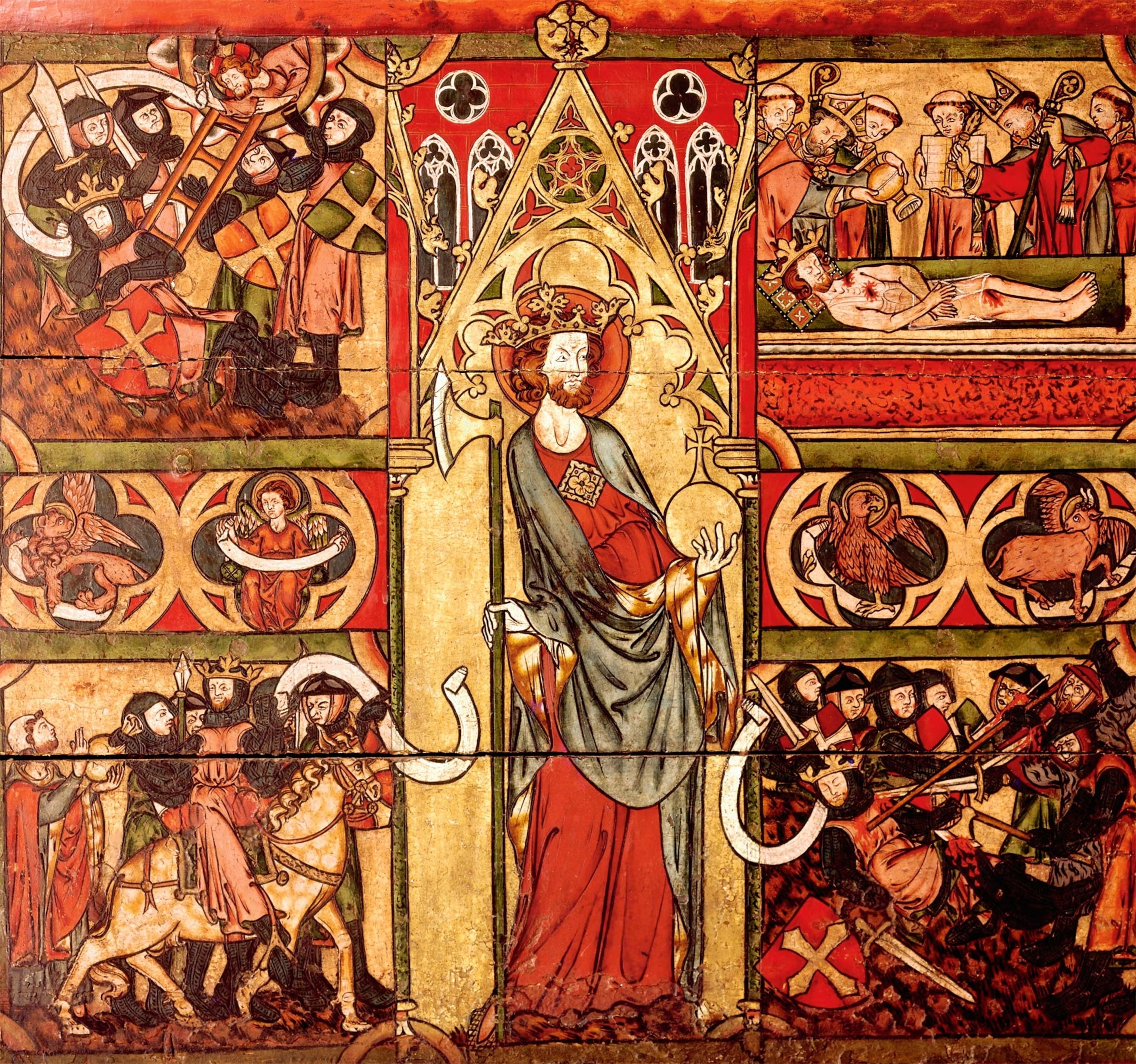 A century after his death in 1030, Olaf II of Norway was canonized. He is shown herein a detail from the 14th-century altar frontal in Nidaros Cathedral, Trondheim, Norway.