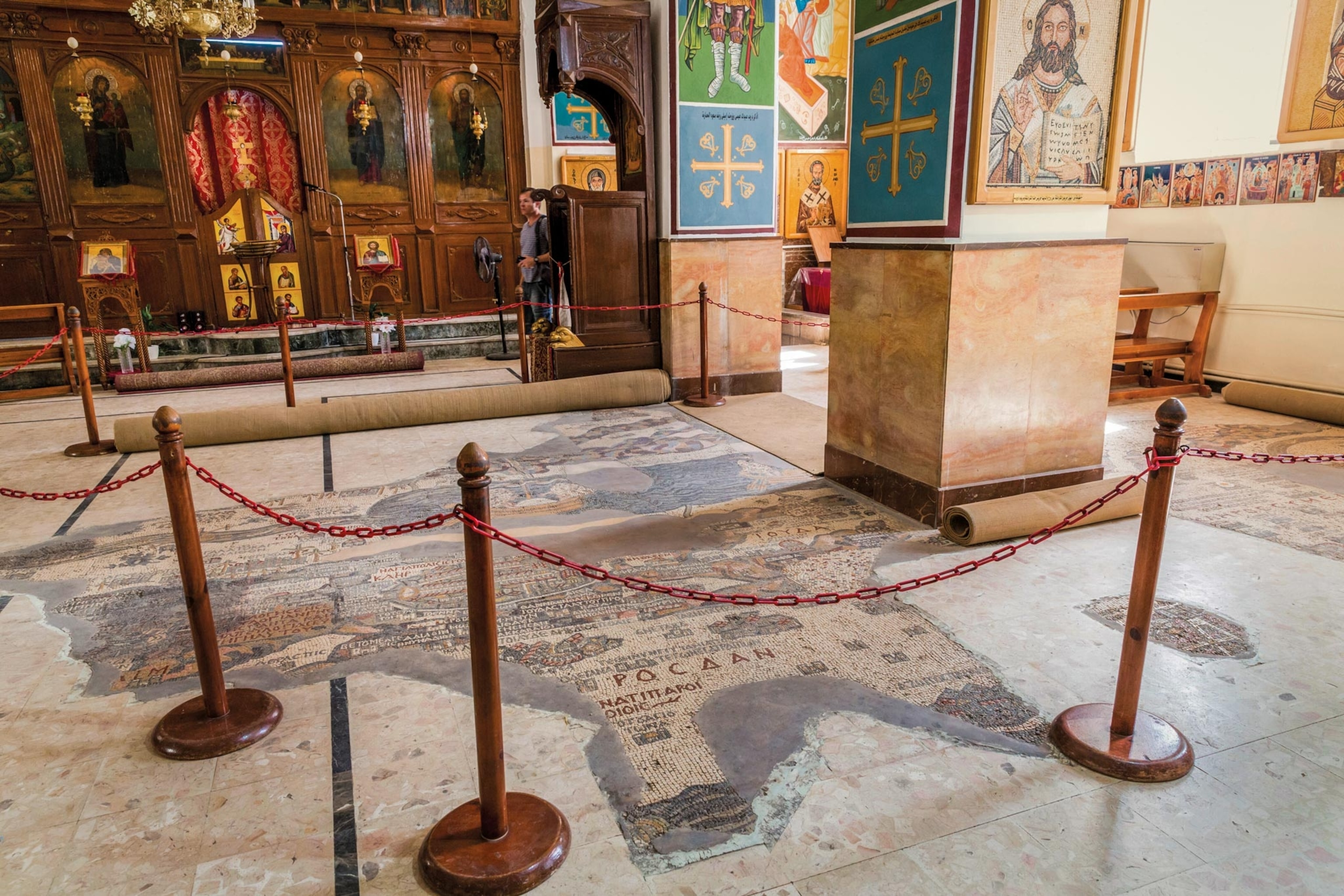 color photo of mosaic floor in Church of St. George, Madaba, Jordan