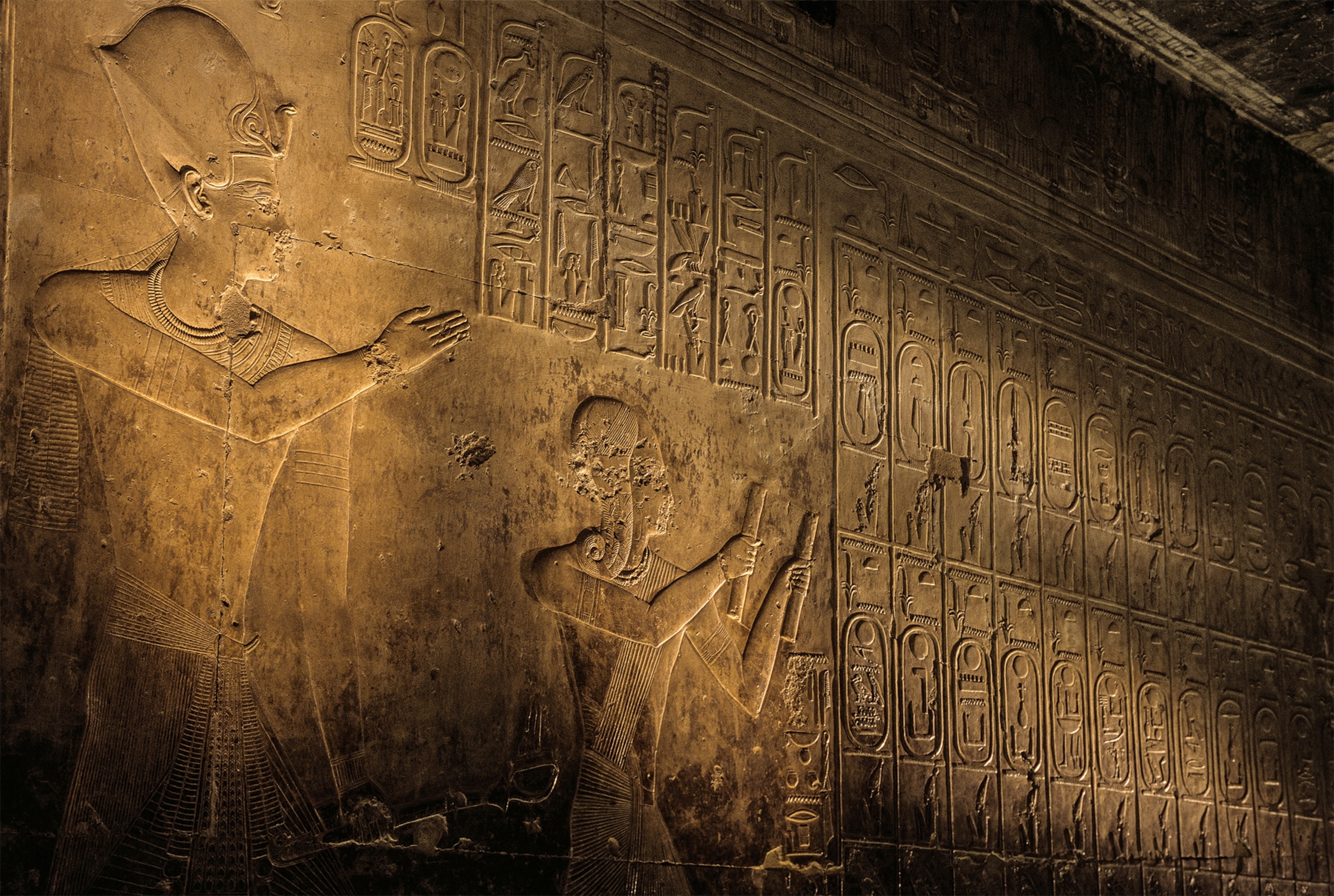 Seti I's large mortuary temple in Abydos includes a passage known as the Gallery of the Ancestors. On one wall is inscribed a list of 76 pharaohs' names (the Abydos Kings List) with Menes listed first.