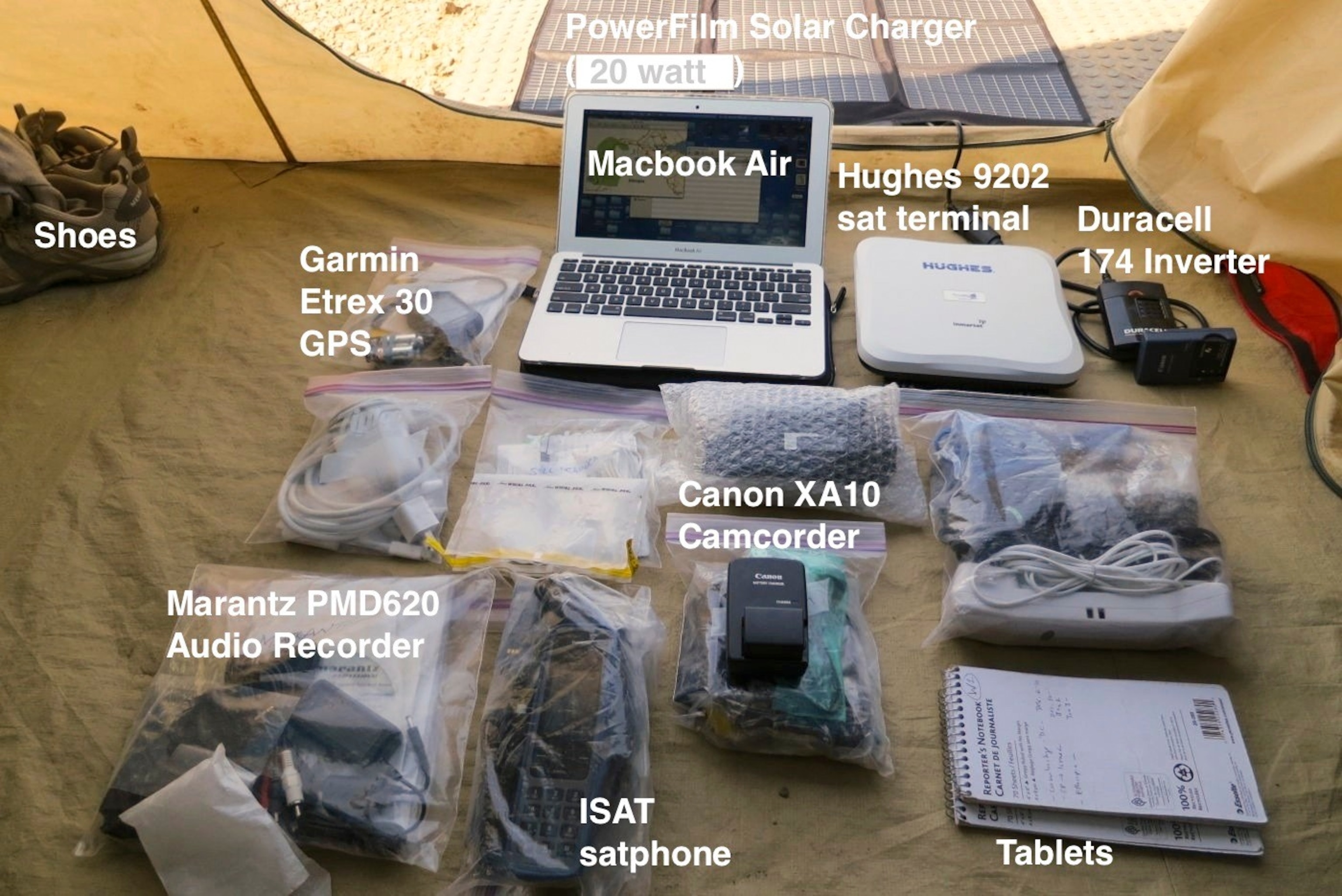 A snapshot of the communications and digital media equipment Salopek carried in his pack across Ethiopia in 2013.