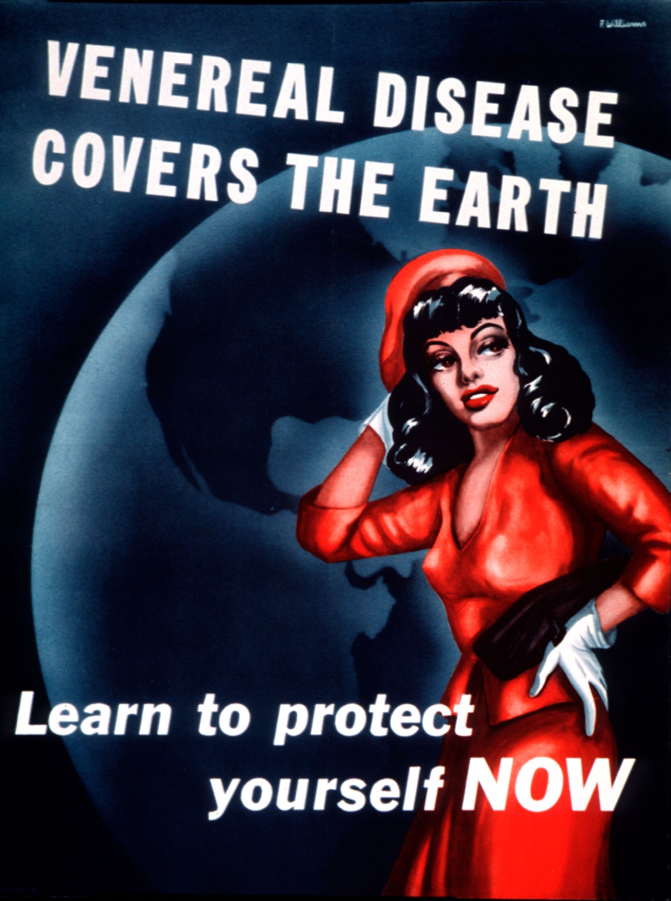 a woman dressed in red against a blue globe of the world and white text over it