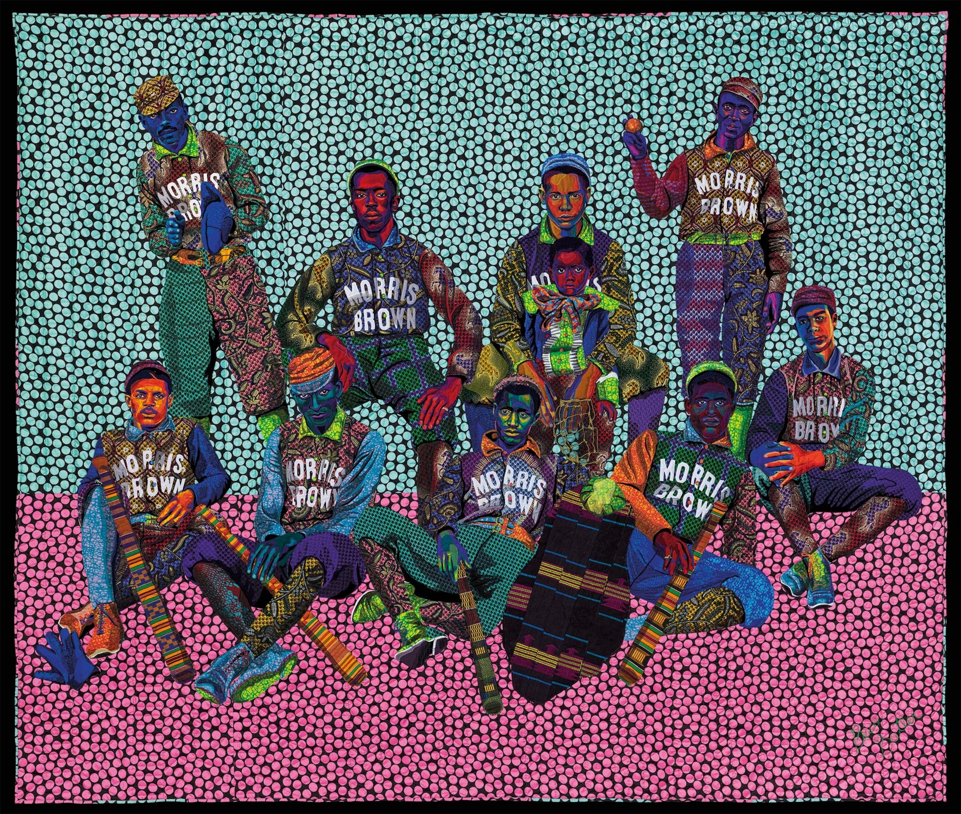 Bisa Butler’s 2019 work, “To God and Truth,” re-creates a photograph of the Morris Brown College baseball team taken in 1899. She composed each young male figure from colorful printed cloth from West Africa, strongly connecting their American present to their African heritage