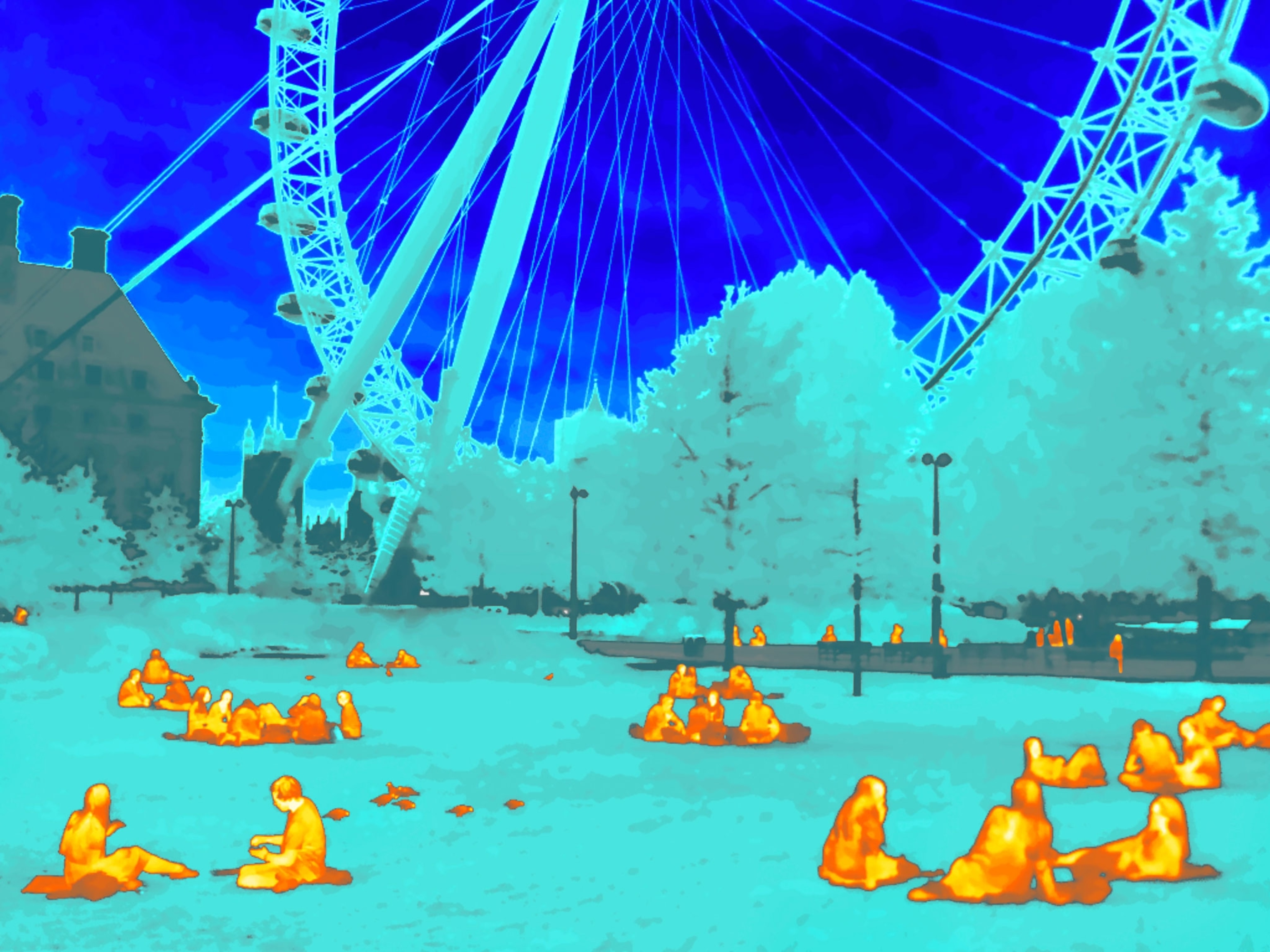 An infrared view shows people at the park