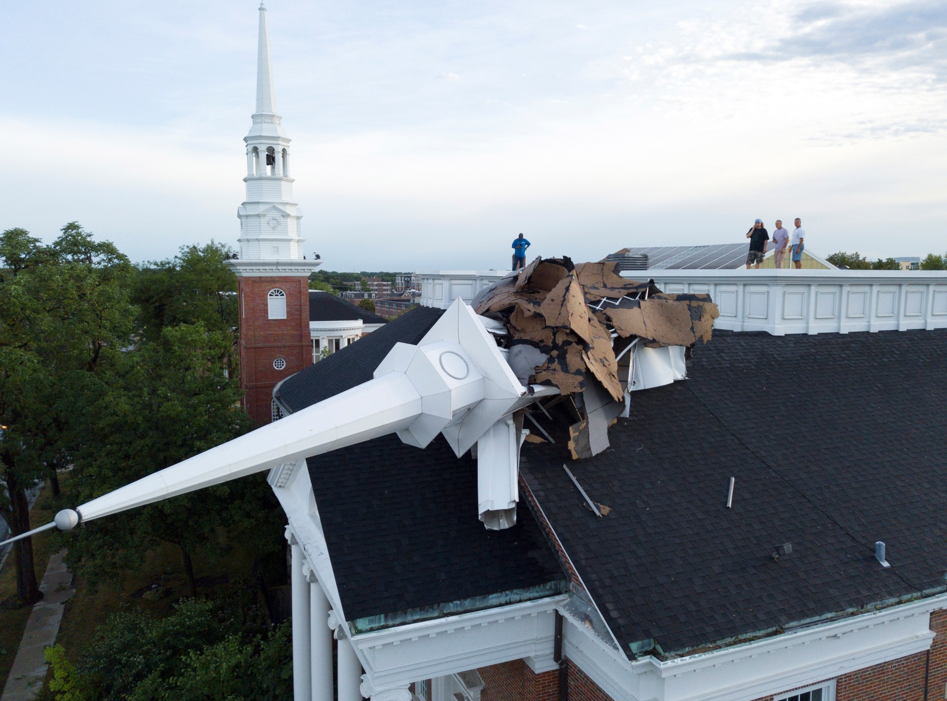 damage to a steeple after a derecho storm
