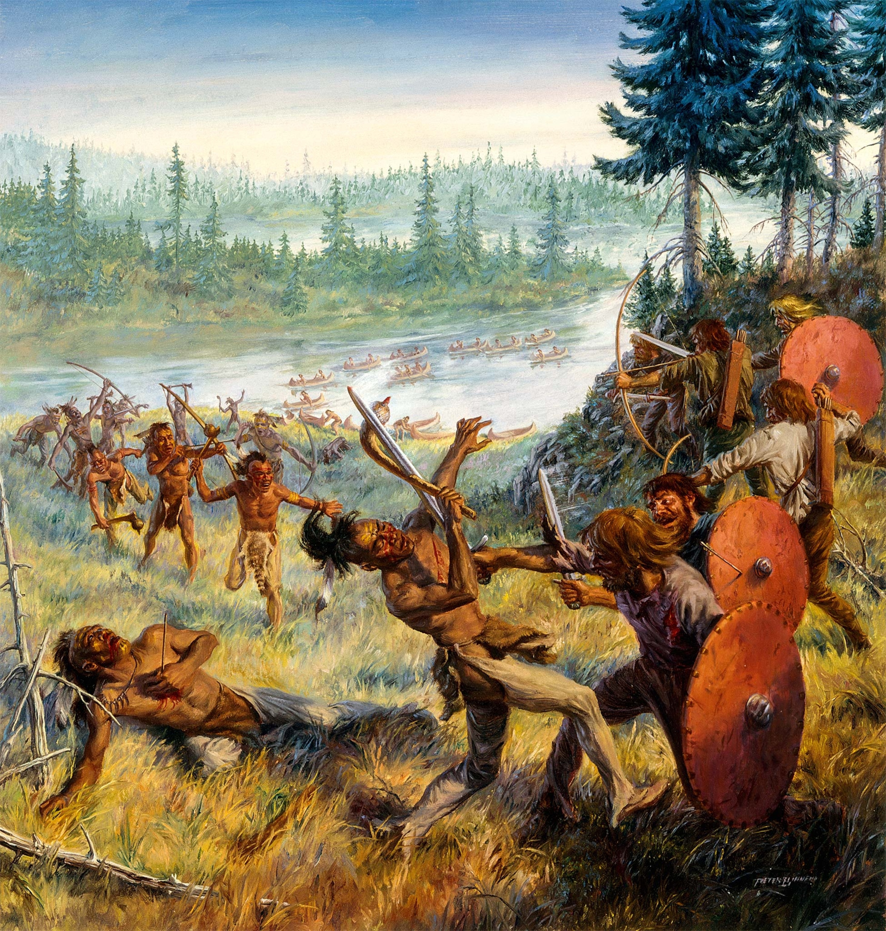 The Skraelingar, arriving in rowing boats, attack the Norse in this illustration by Peter V. Bianchi.