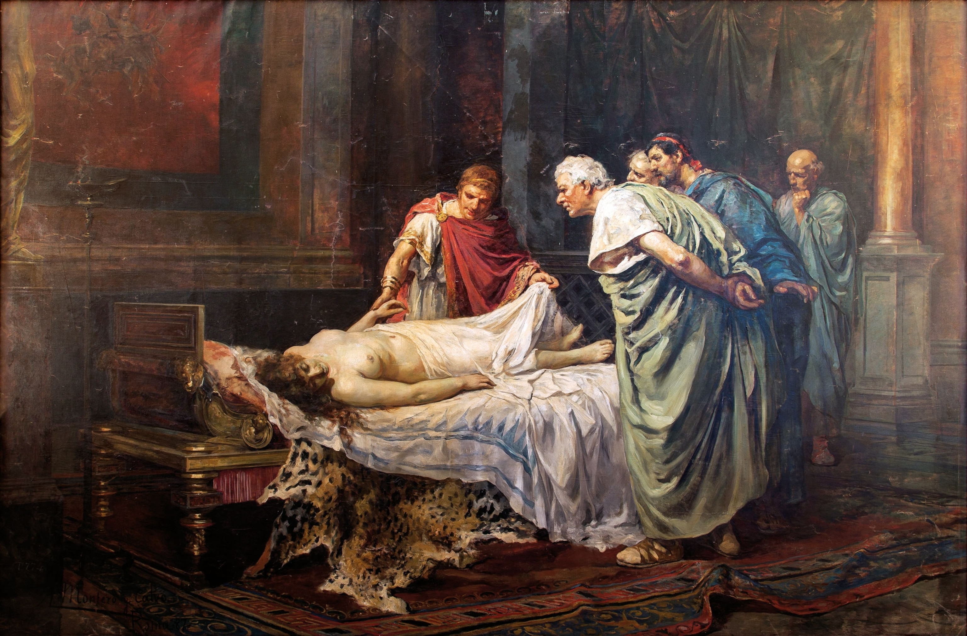 A painting of men examining the body of a dead woman