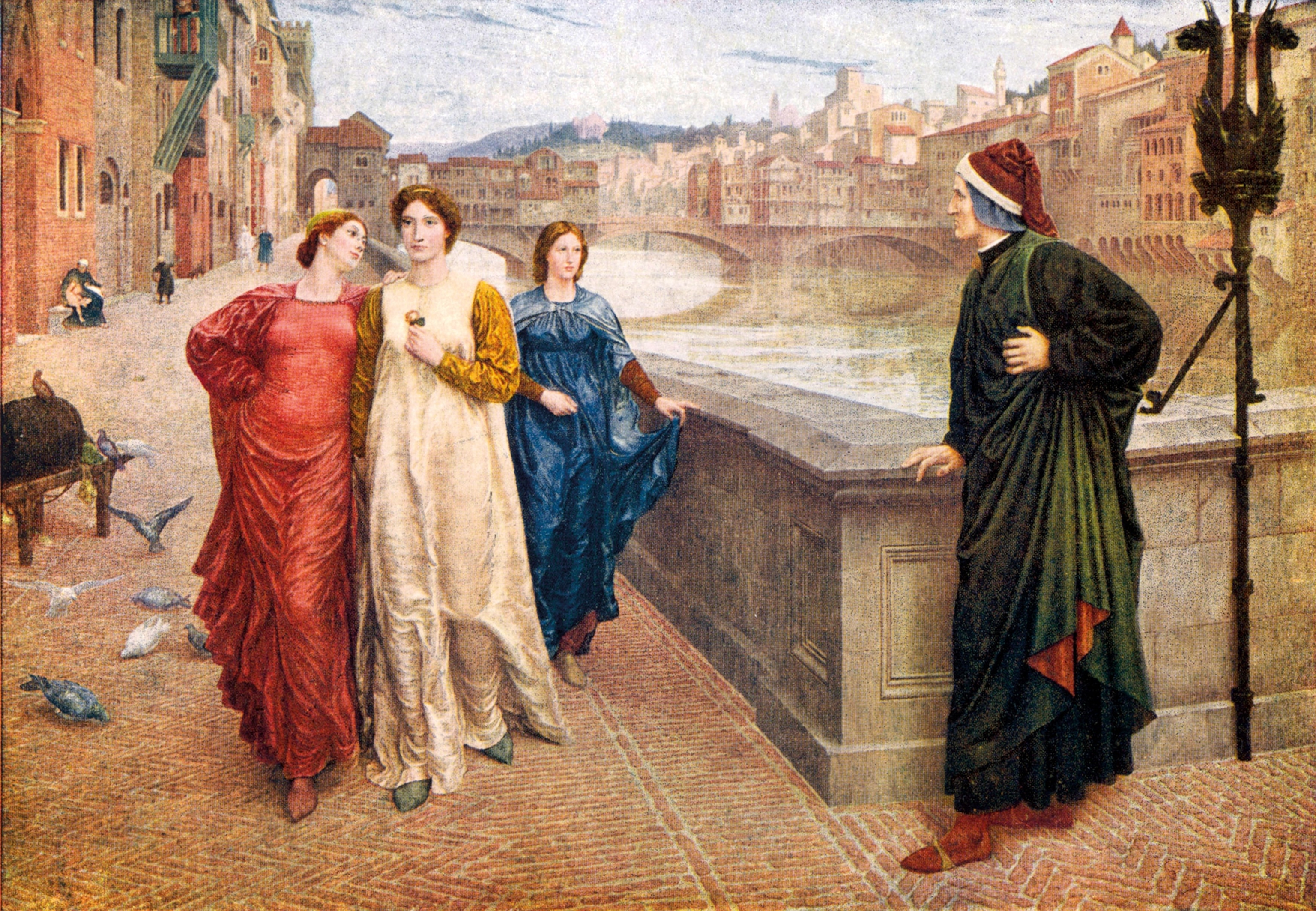 The second encounter between Dante and Beatrice is depicted by Pre-Raphaelite artist Henry Holiday in 1883.