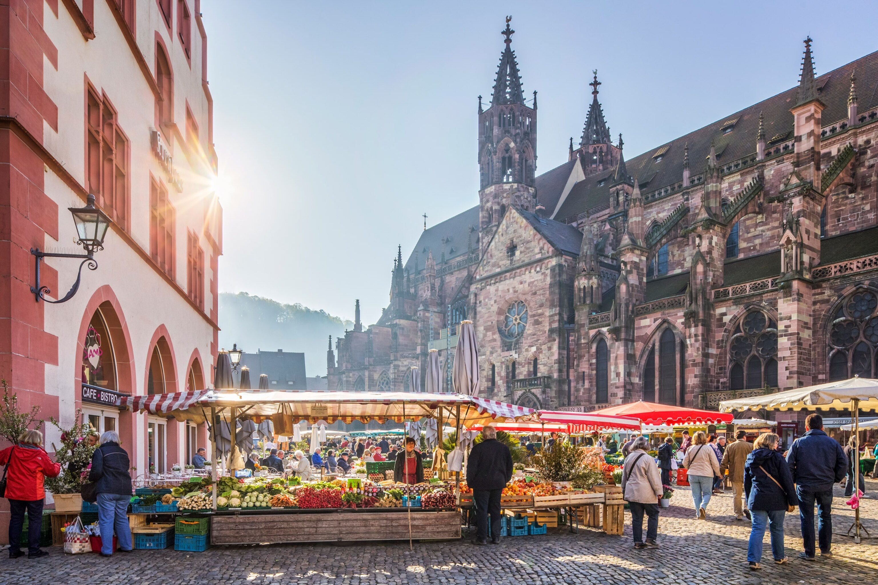 People at a market in freiburg germany