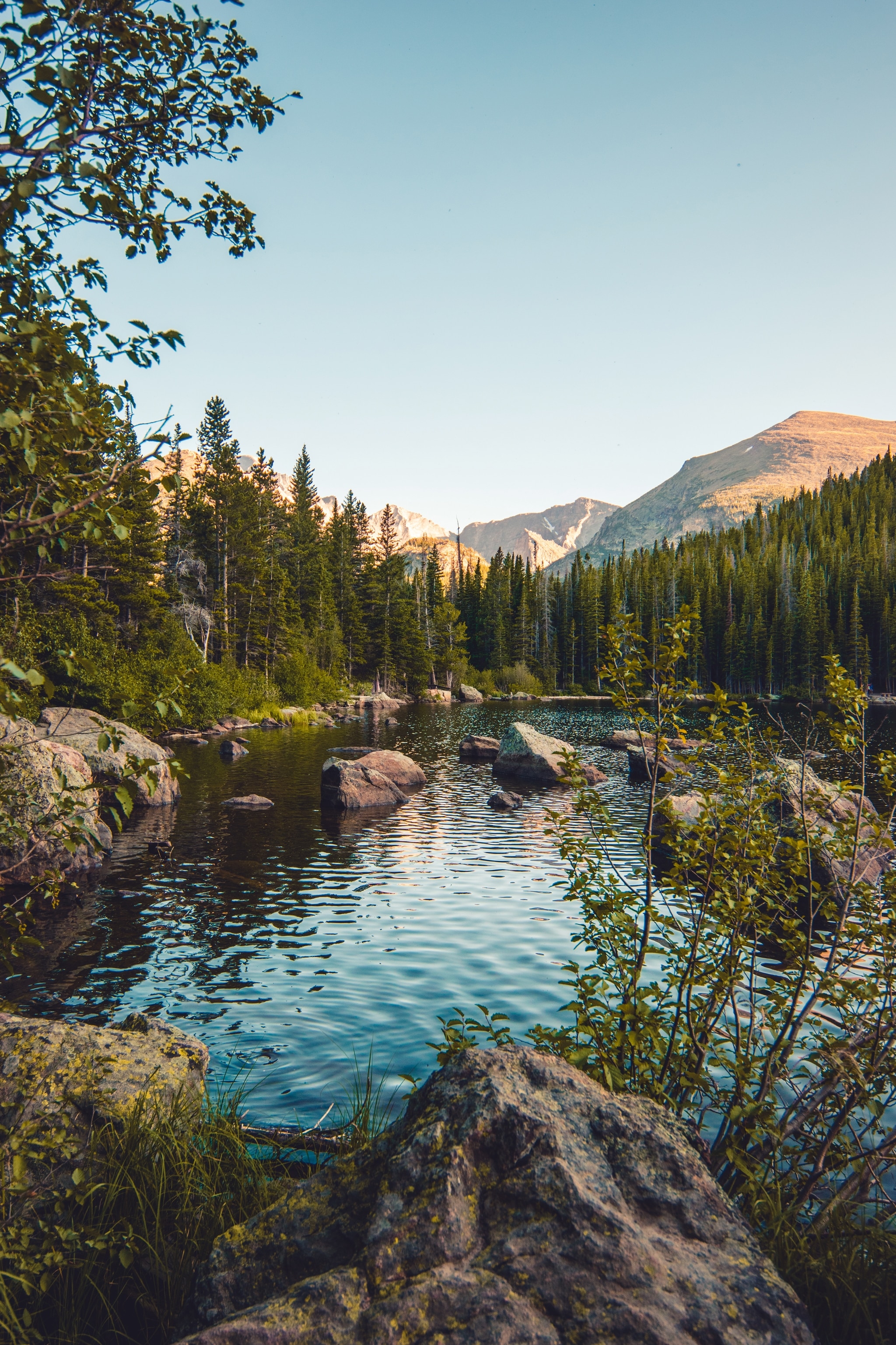 view of lake in rockies national park in colorado