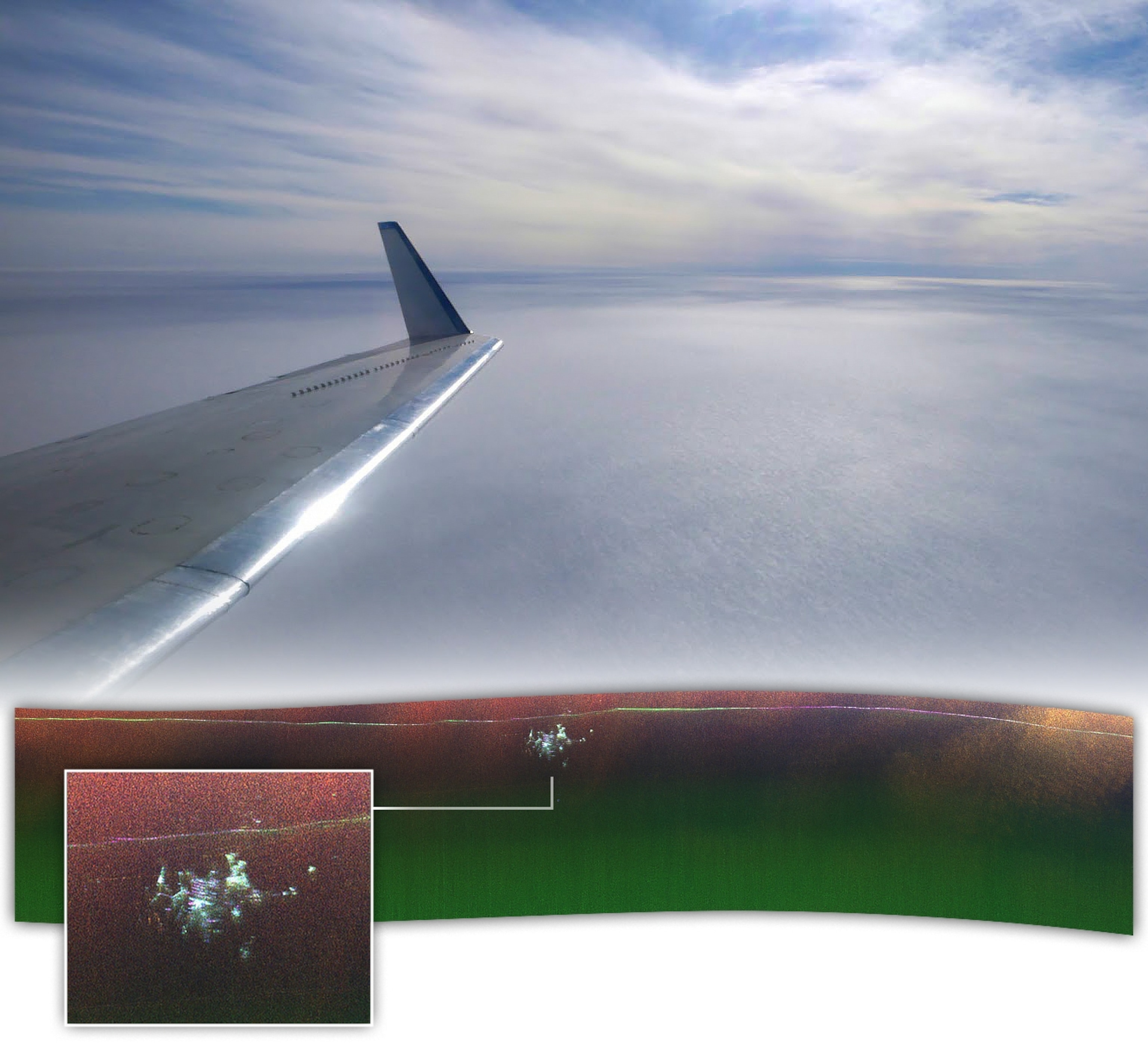 A view of the Greenland Ice Sheet taken from the window of a plane, overlaid with a radar scan revealing structural elements an abandoned U.S. military base buried under the ice.