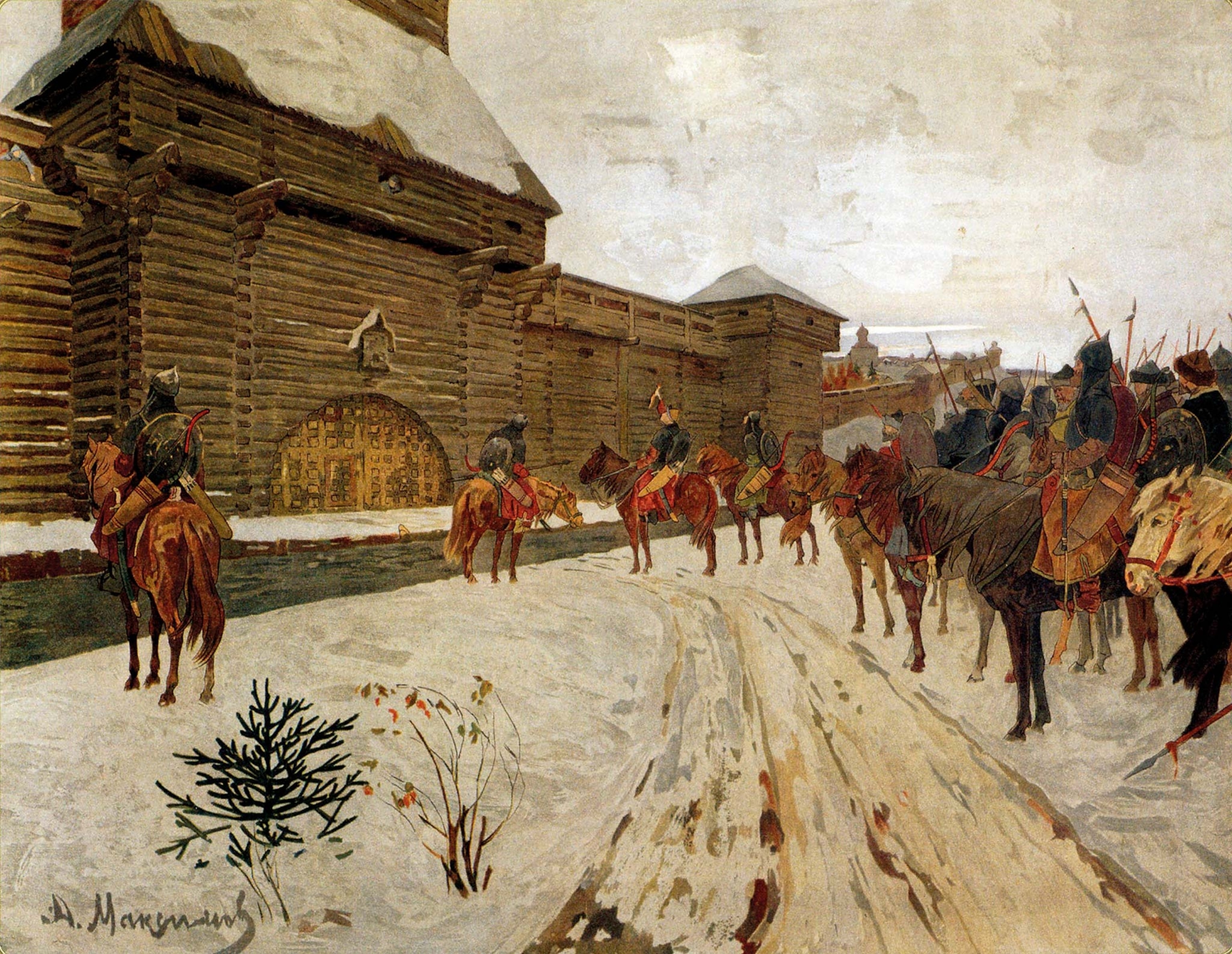 A painting of the Mongols besieging the city of Vladimir on horseback