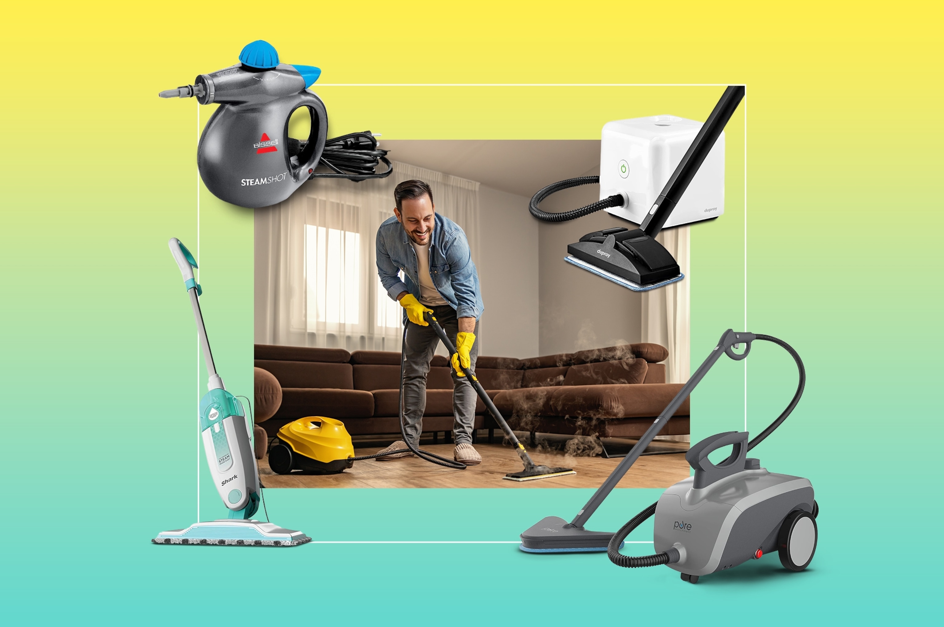 A man uses a steam cleaner on the floor at home.