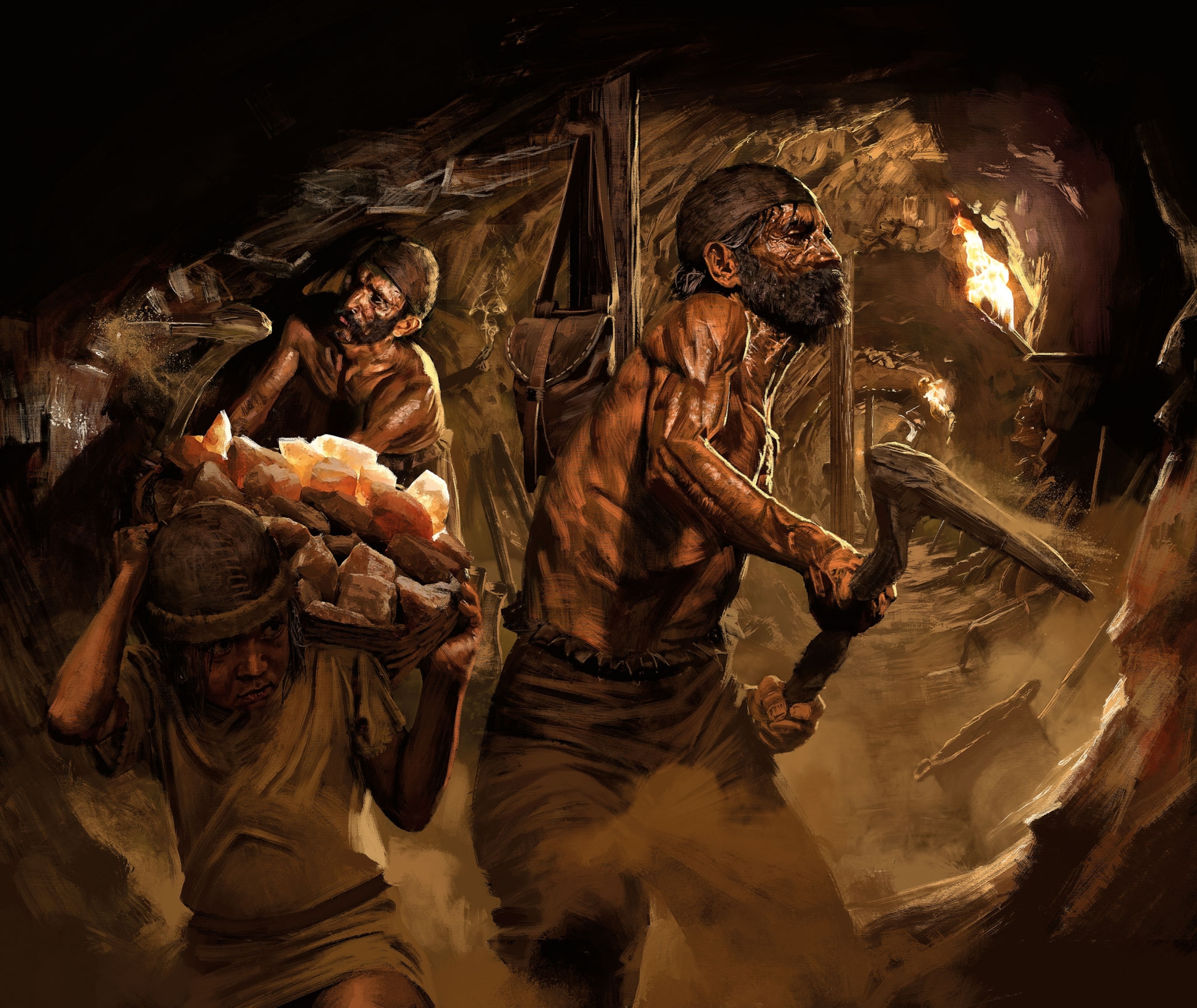 A painting of men in a mine