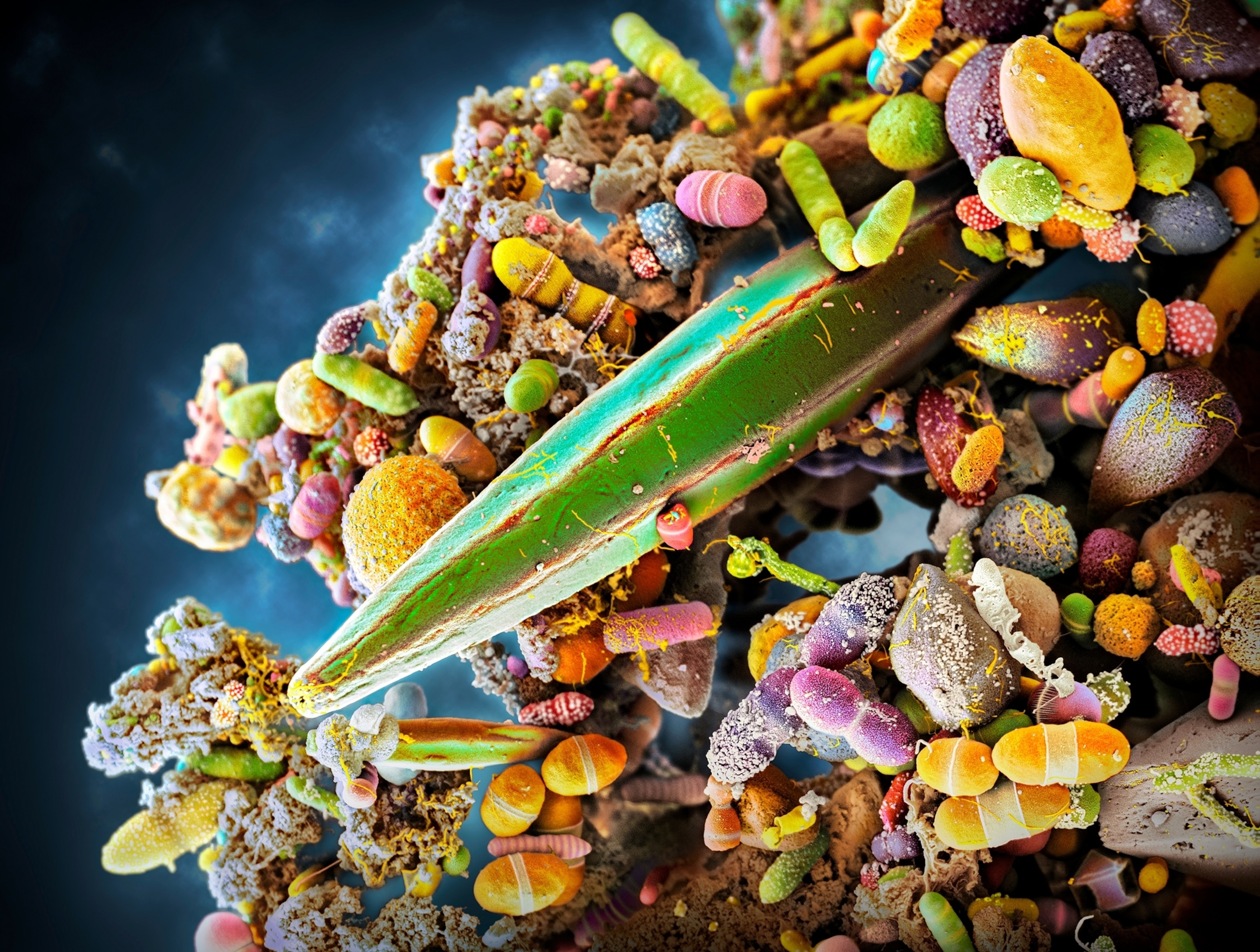 a colorful microbiome with a large green bacterium