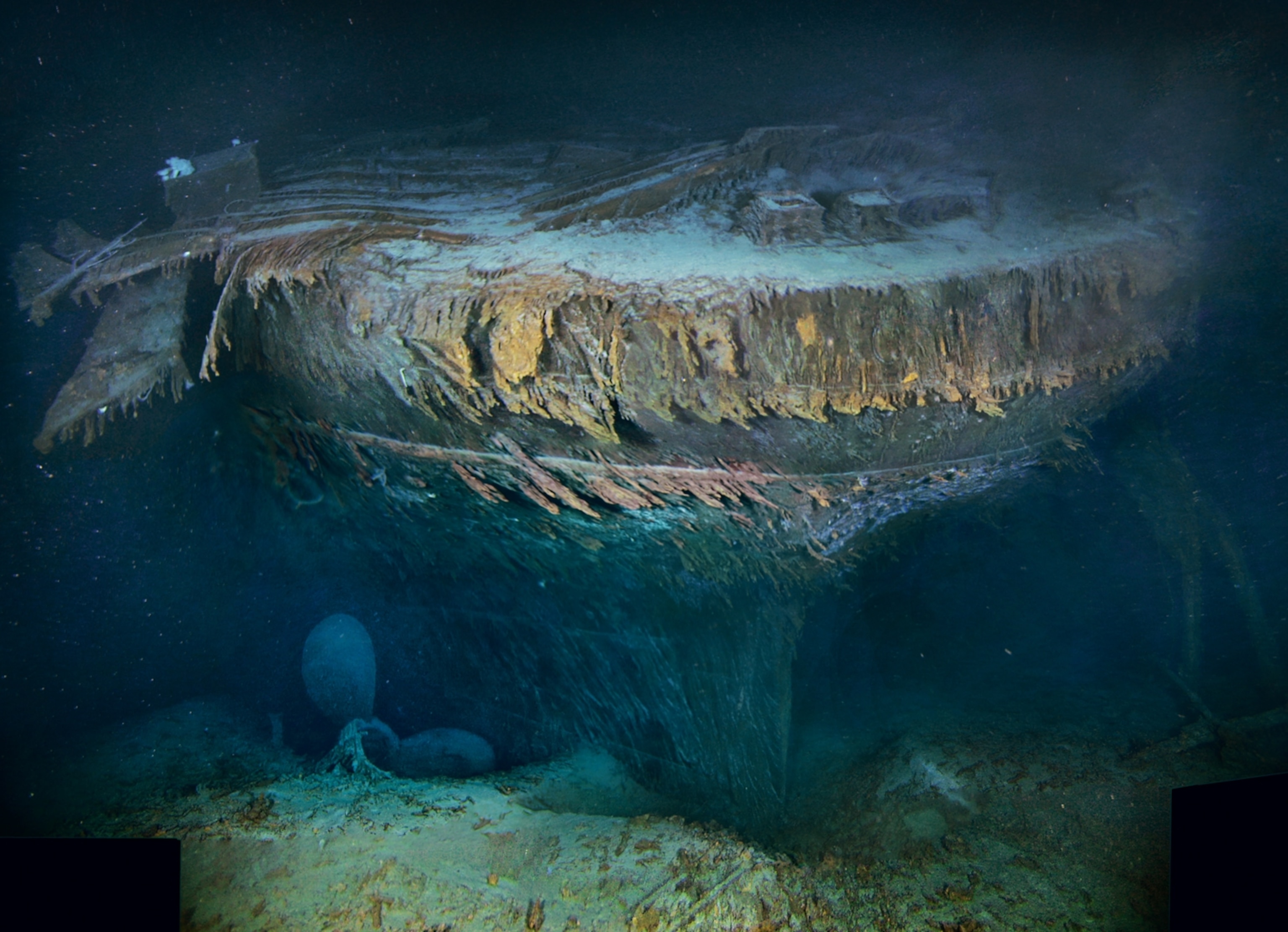 Optical mosaic of the Titanic's mangled stern resting on the abyssal plain