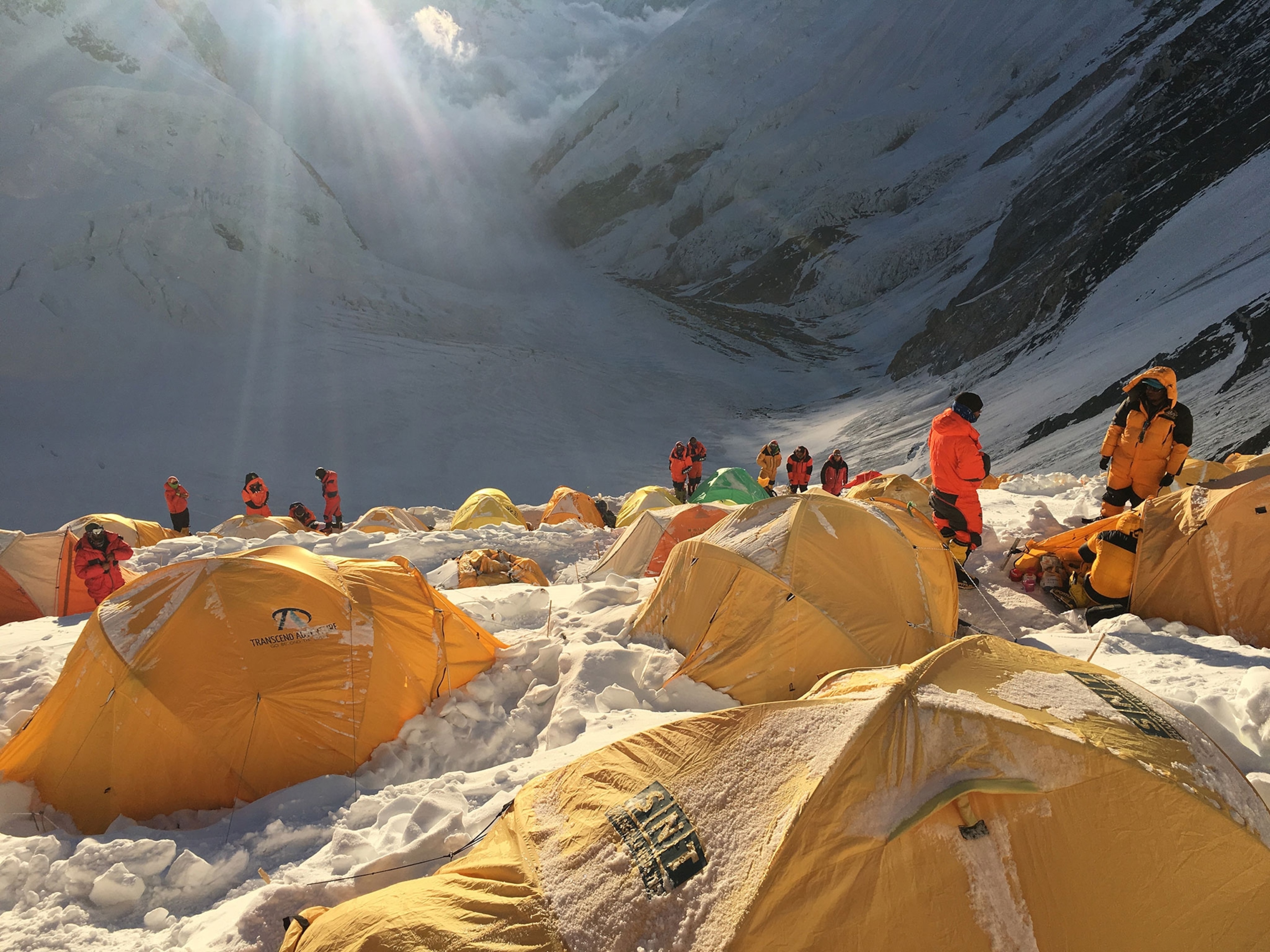 a group of climbers at camp 3 on Mount Everest