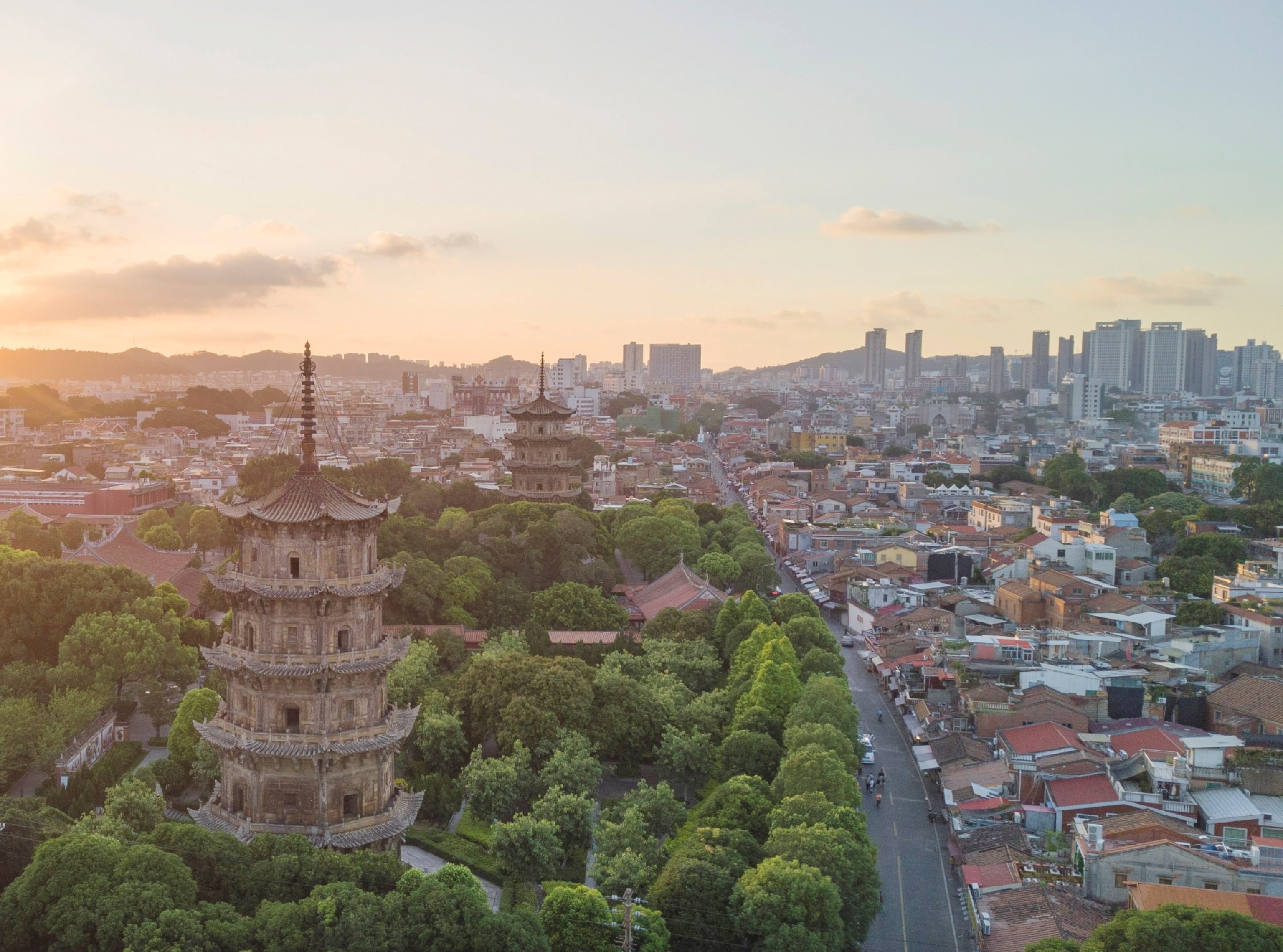 Aerial view of pagoda in an urban like setting