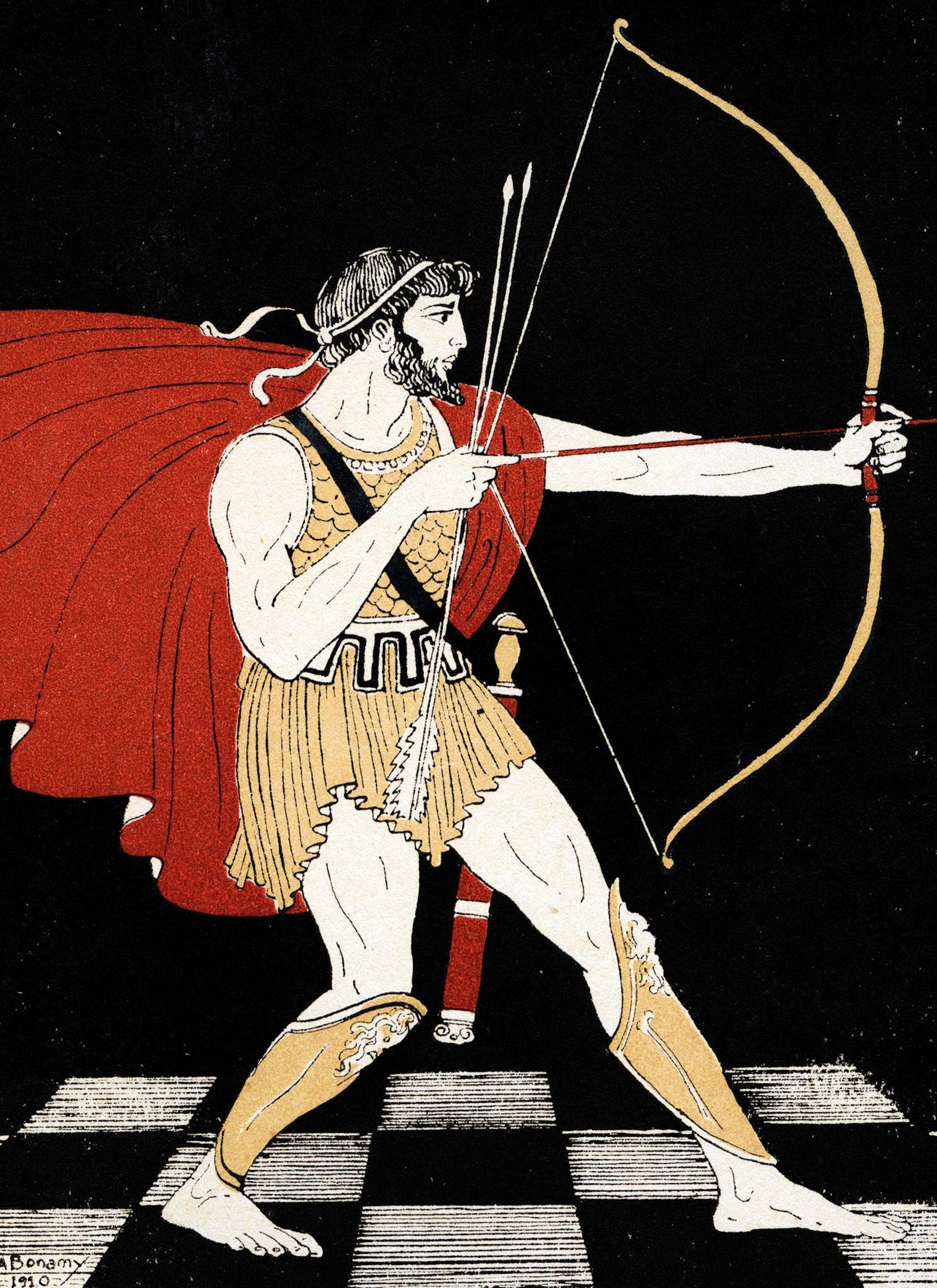 Odysseus, king of Ithaca, draws his bow against the suitors who have occupied his palace in 1914 drawing by André Bonamy.