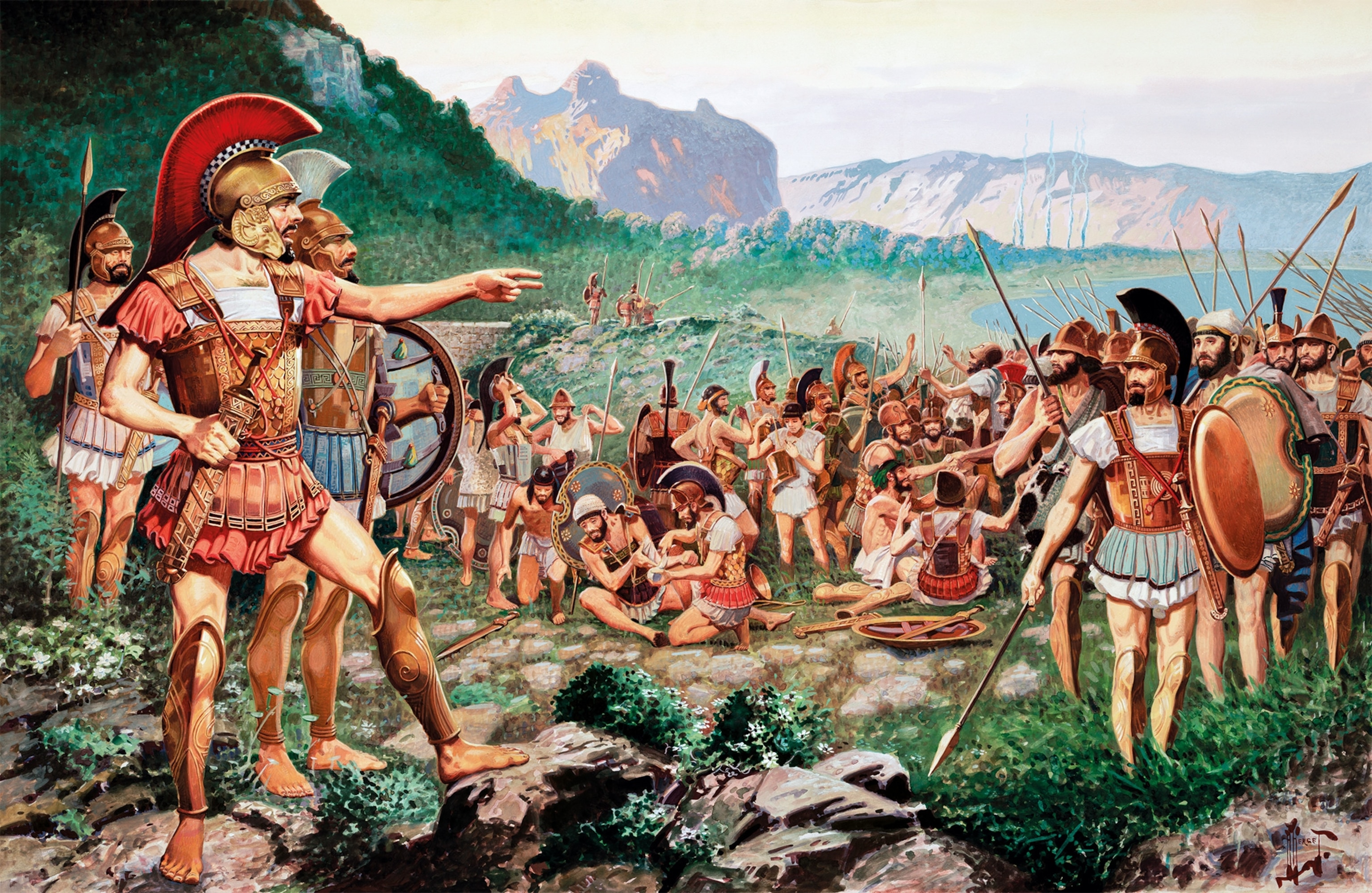 Realizing that he was surrounded by the Persian army, Leonidas urged the bulk of the Greek troops to safety, while he stayed with a chosen contingent of Spartans to defend the pass.
