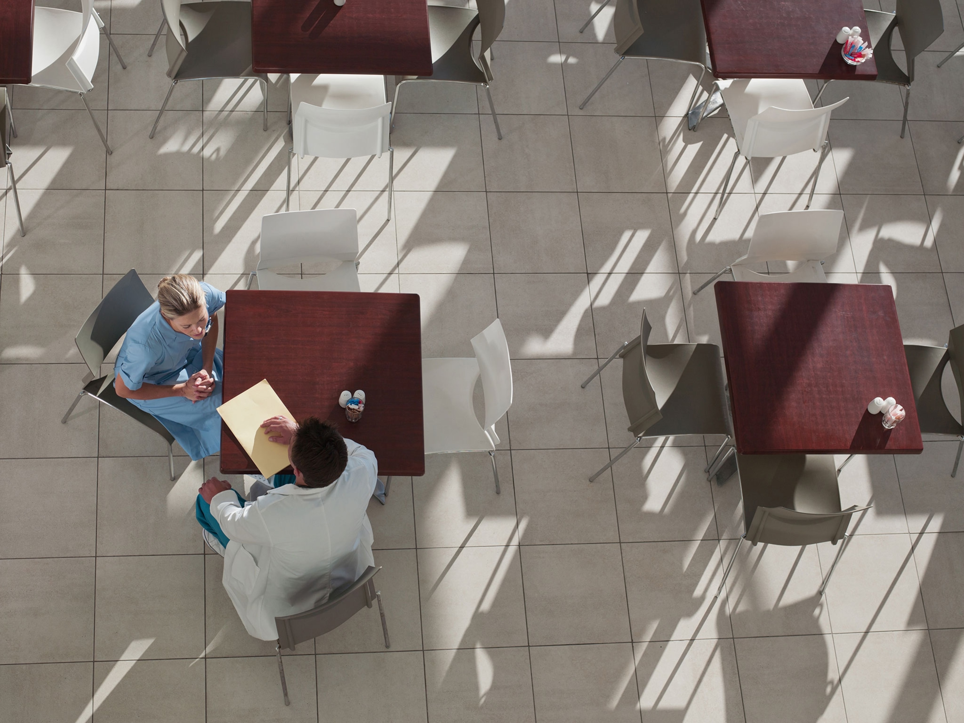 Arial view of doctor and nurse talking