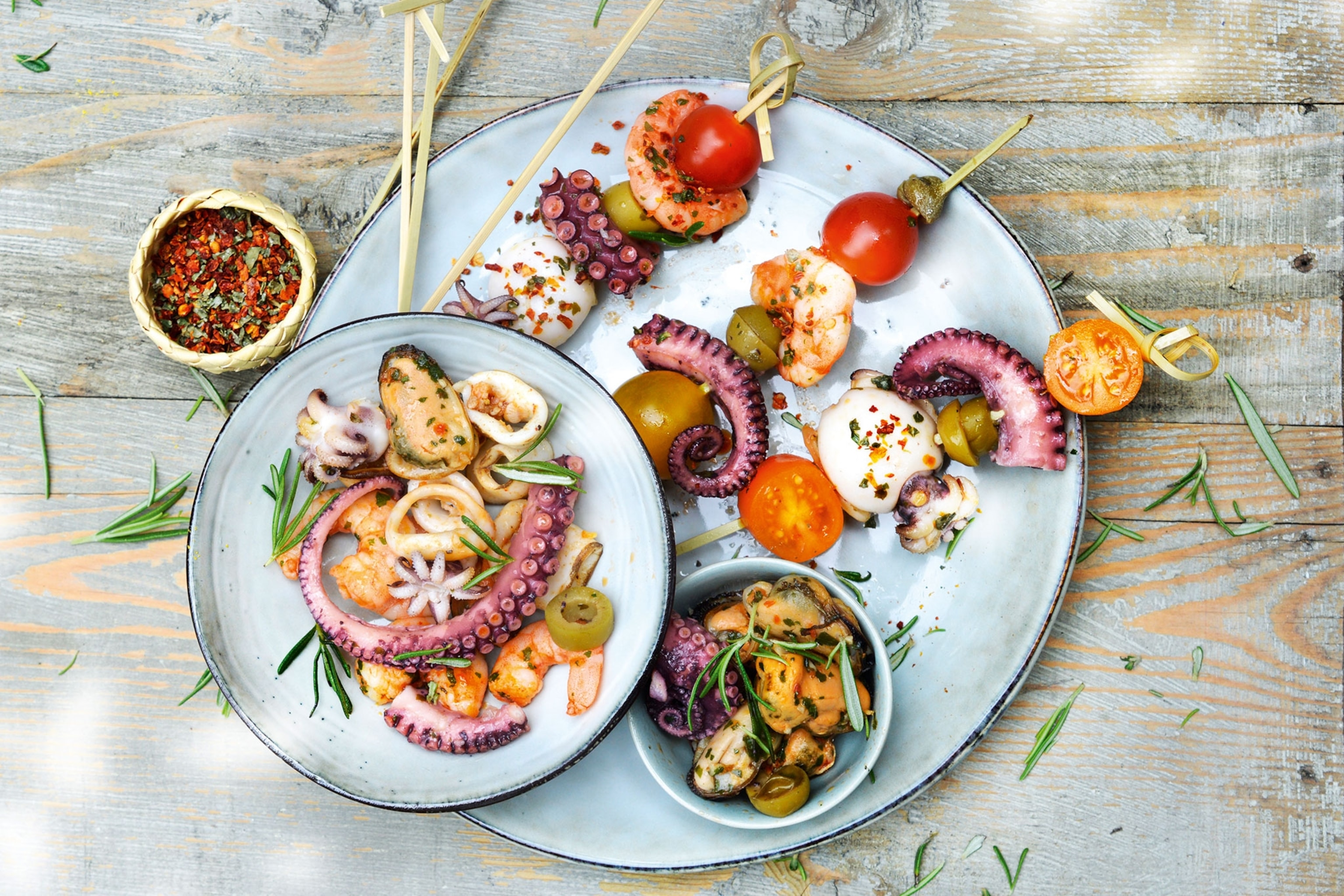A plate of octopus, squid, prawns and mussels