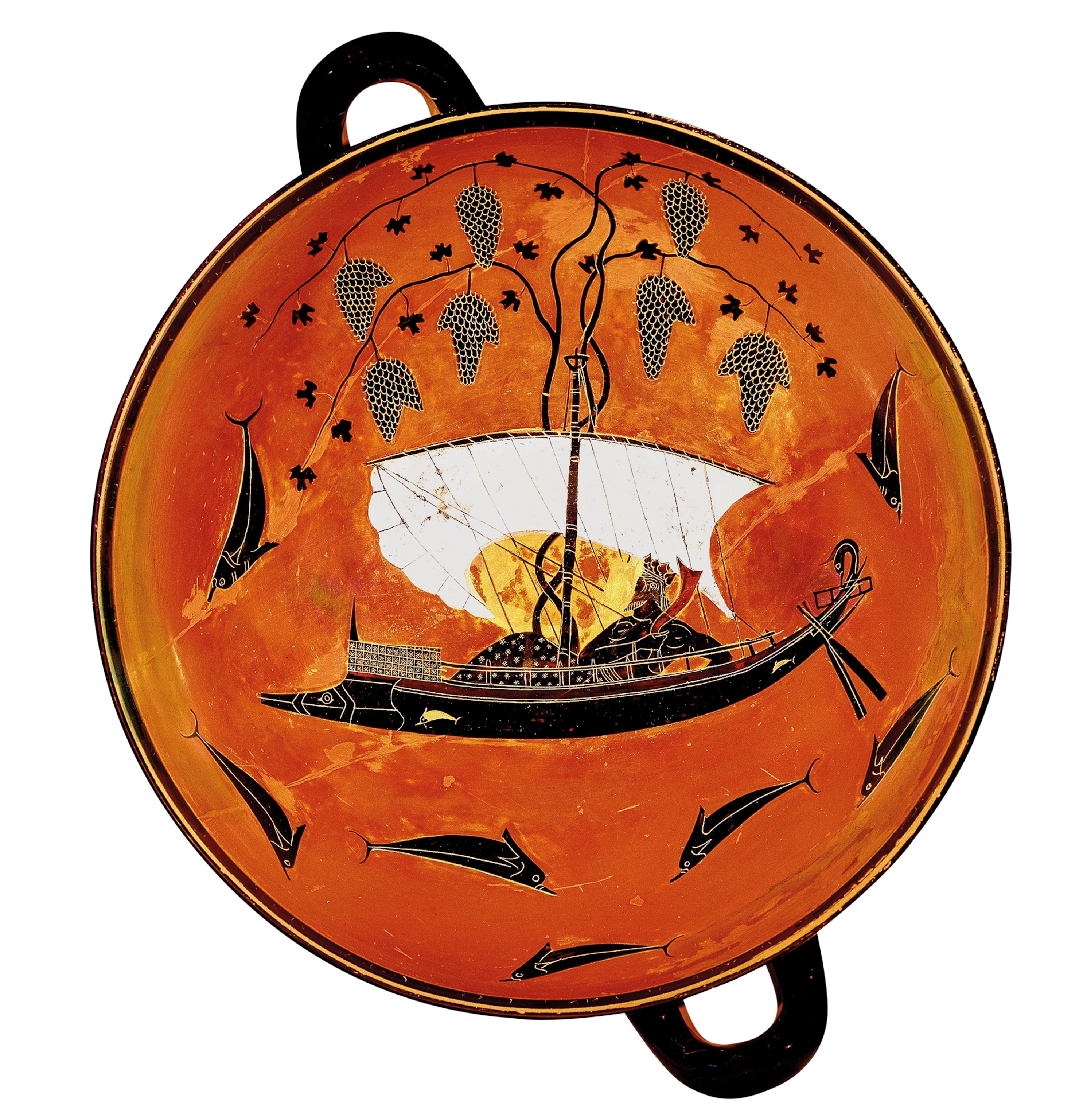 The legend of Dionysus turning Tyrrhenian pirates into dolphins is depicted on a kylix, a shallow drinking cup, from 530 B.C., now in the State Collection of Antiquities in Munich.
