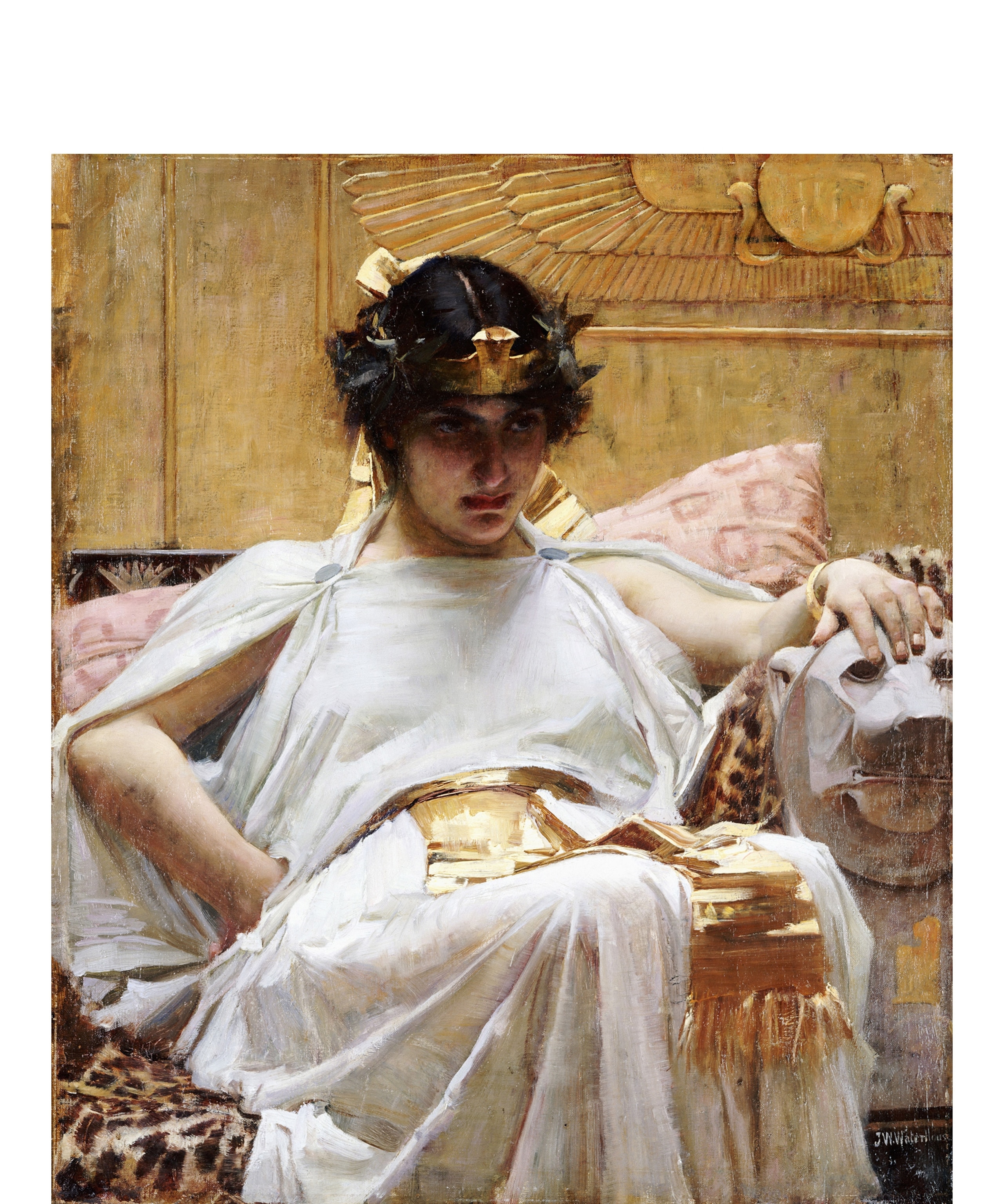 A painting of Cleopatra dressed in white with a heavy shadow on her face her gaze looks off into the distance.
