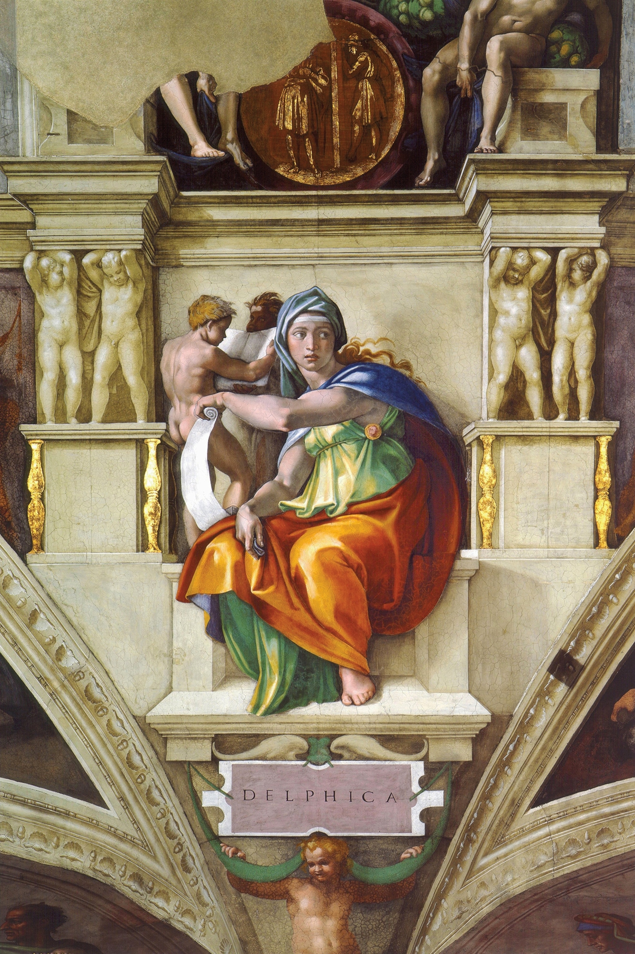 The Delphic Sibyl is one of five sibyls depicted on the Sistine Chapel ceiling fresco by Michelangelo, completed in 1512.