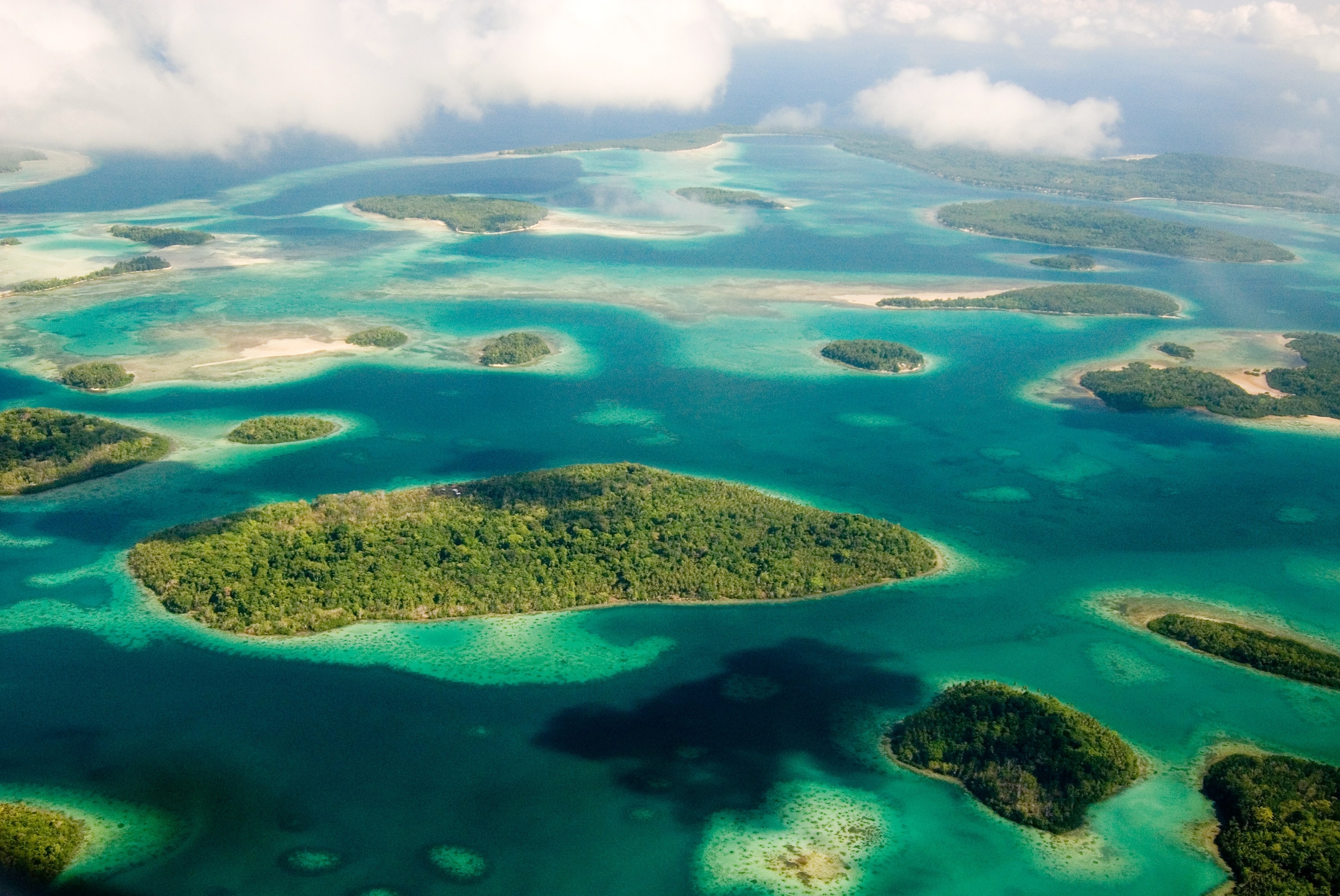 an aerial view over the tropical islands of the Western Province, Solomon Islands